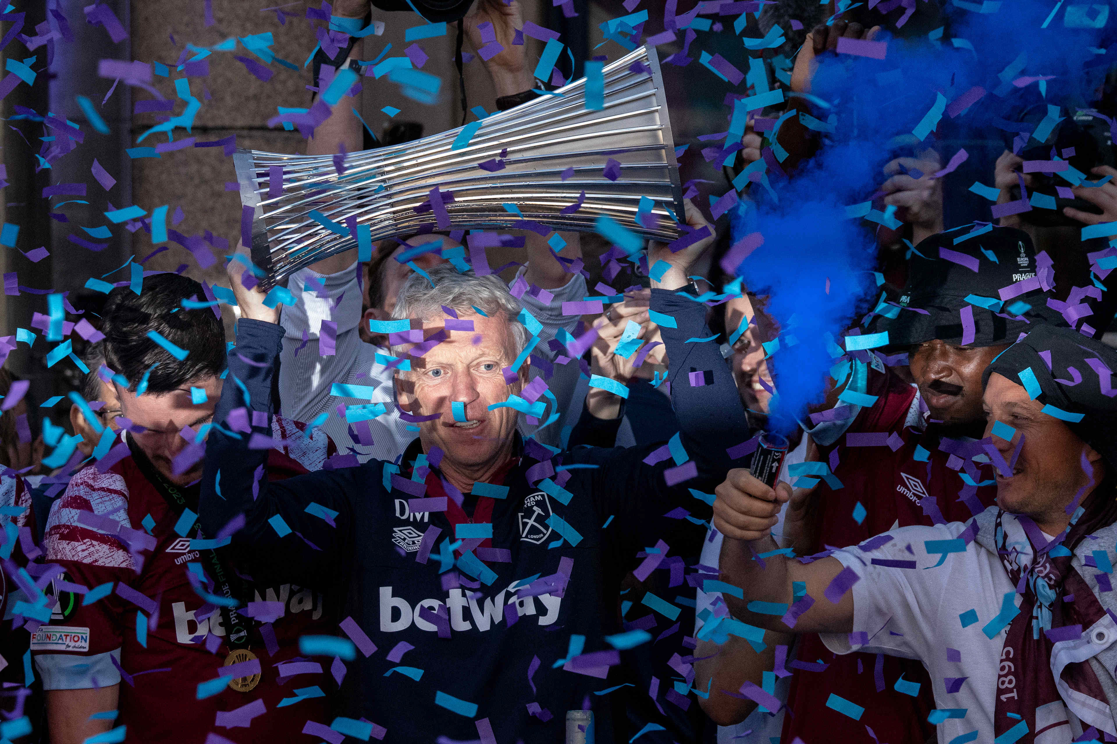 West Ham manager David Moyes lifts the UEFA Europa Conference League trophy