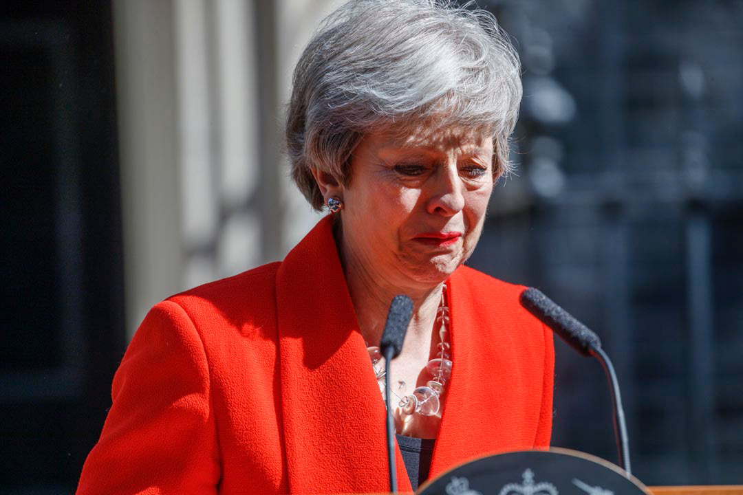 Britain's Prime Minister Theresa May reacts as she announces her resignation outside 10 Downing street in central London on May 24, 2019.