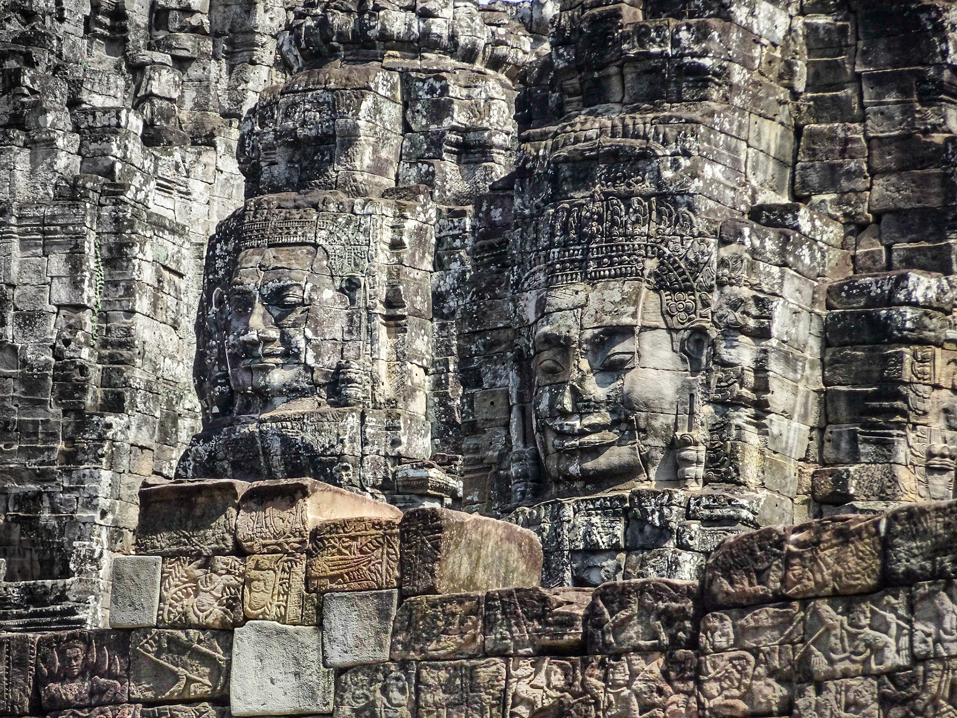 Each of the carved faces at the Anglkor Thom is more than 12 feet high