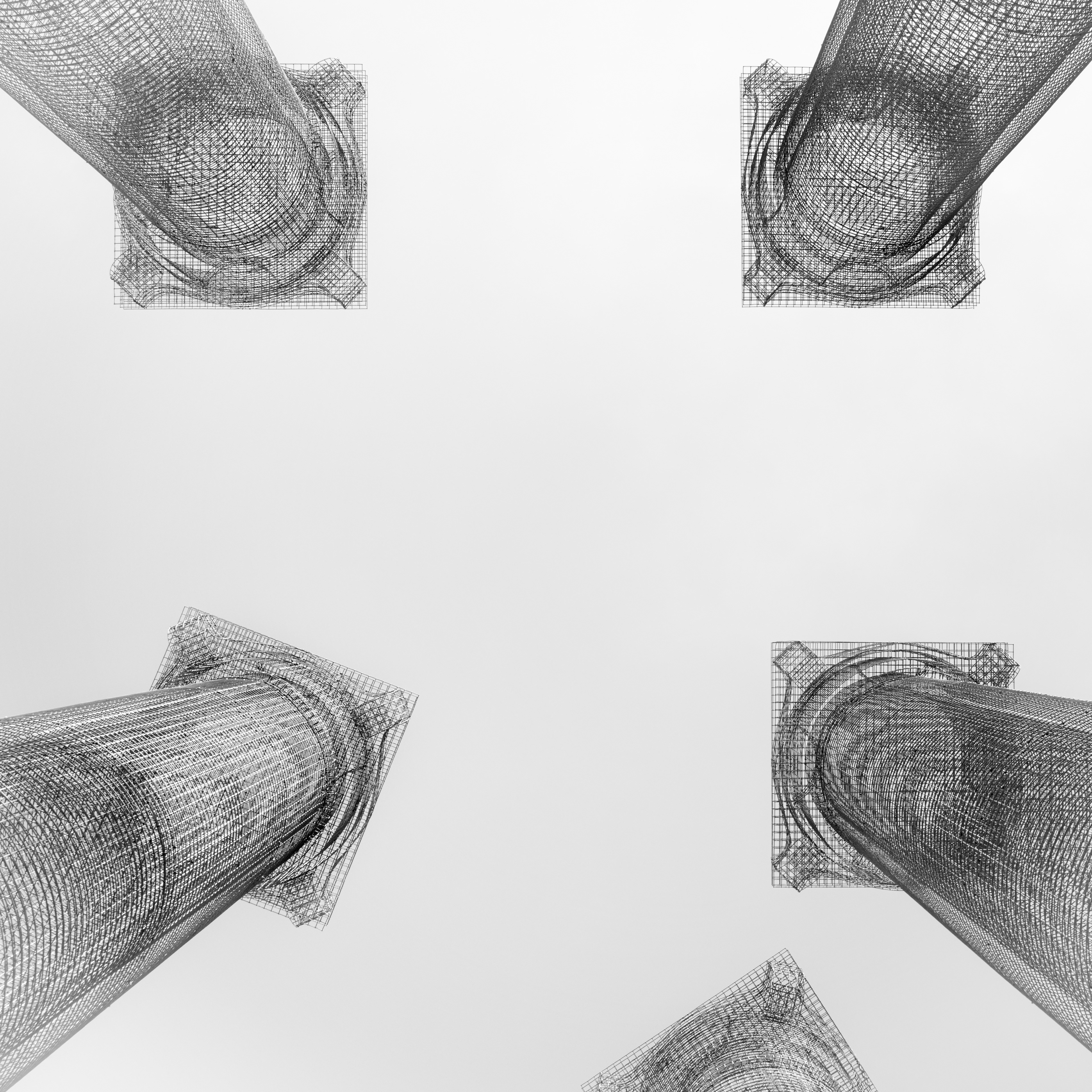 Sotto la chioma – le colonne di rete metallica dell'installazione SELVA di Edoardo Tresoldi viste dal basso contro il cielo bianco, Piazza Mignanelli, Roma. Fotografia in bianco e nero di Fabio Alimonti