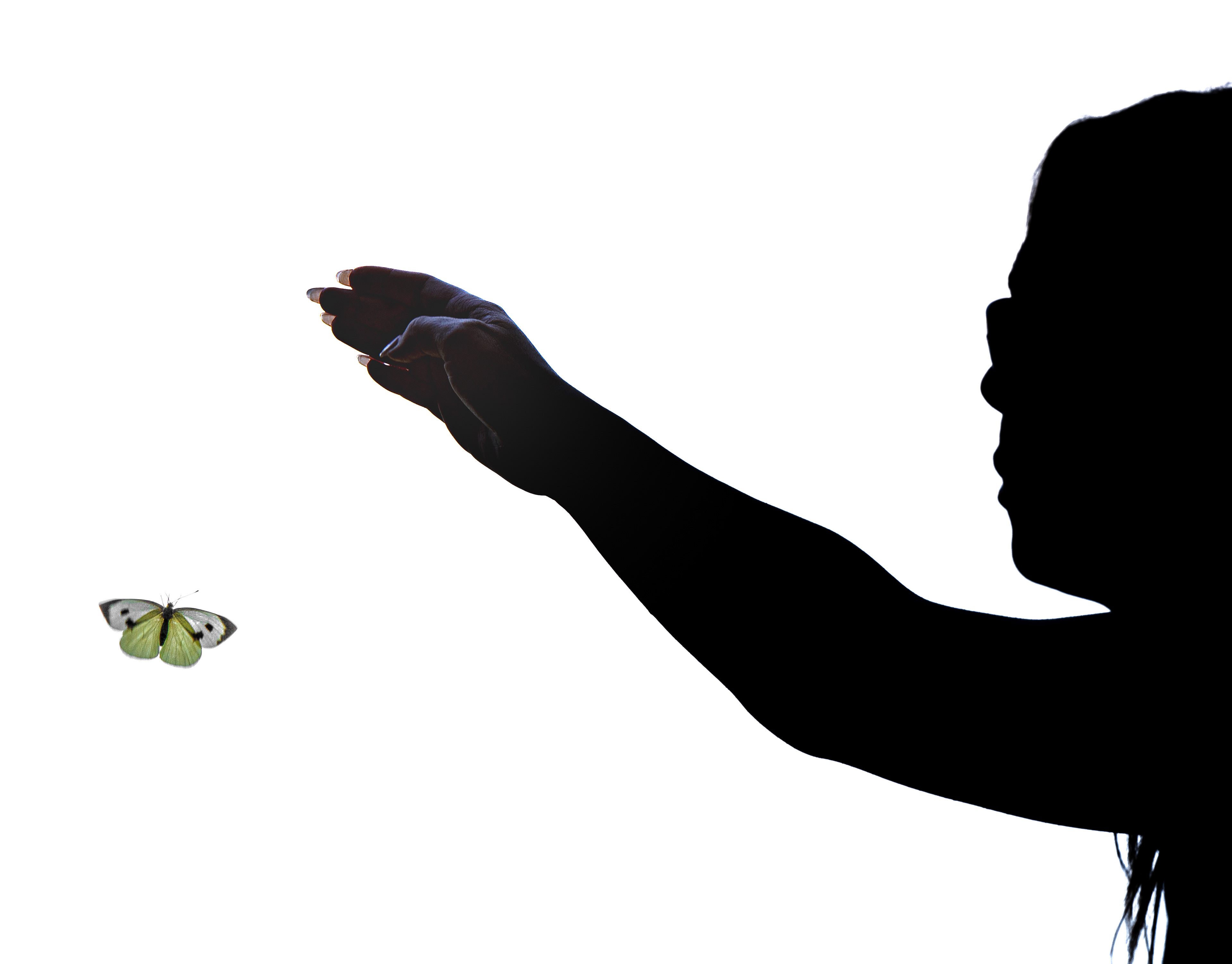 La ragazza e la farfalla – silhouette in chiave alta di una ragazza che tende la mano verso una farfalla, Tangeri. Fotografia di Fabio Alimonti