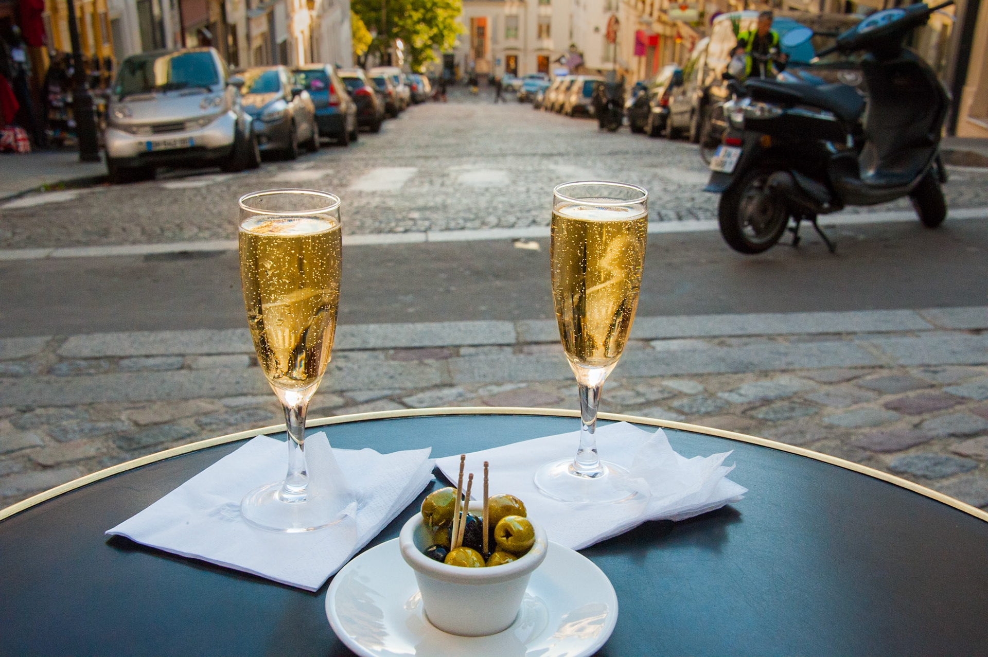 Champagne and olives. Paris, France.