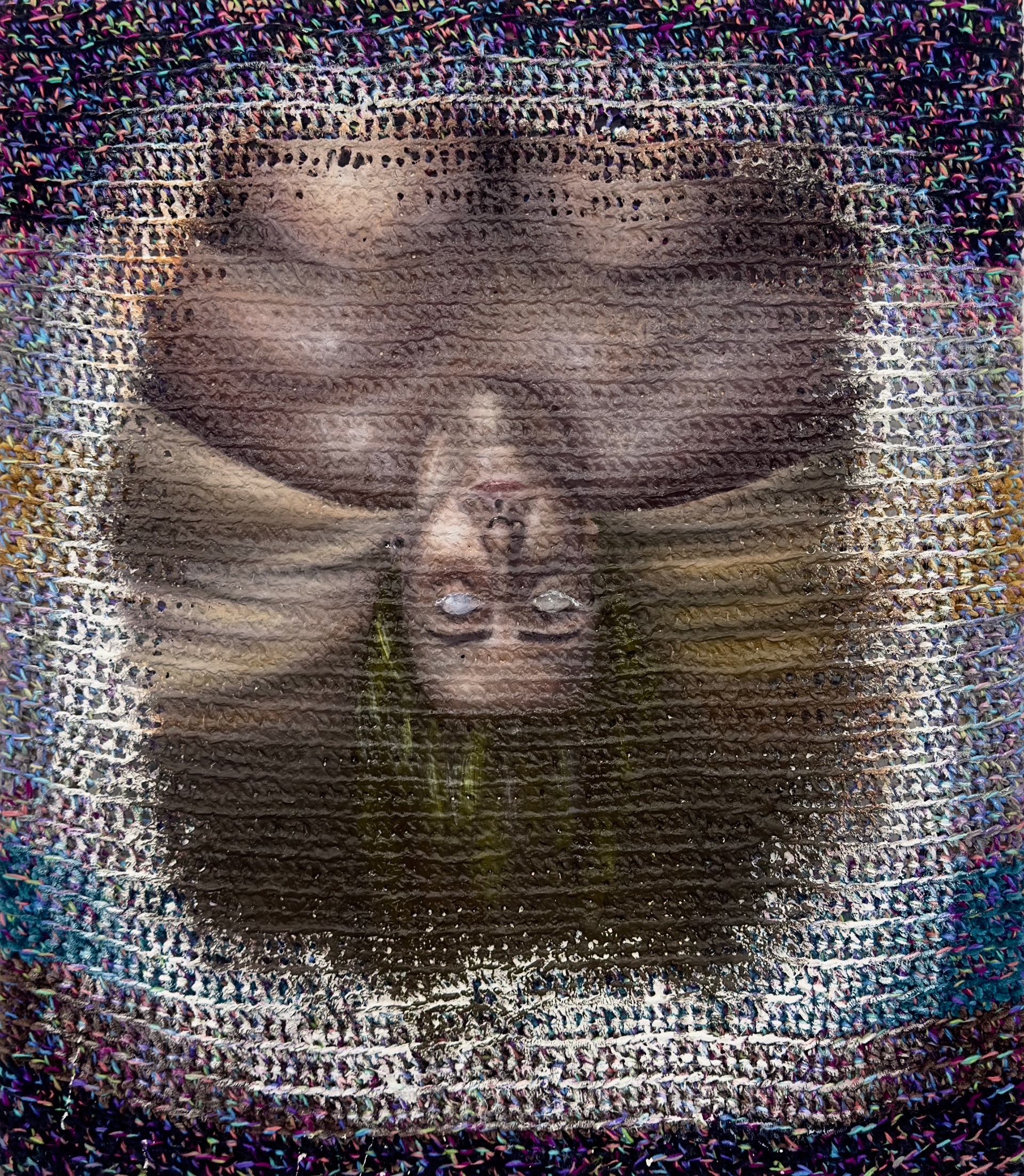 COGNITIVE dISSONANCE (2025) 34×40" oil paint on stretched yarn (crocheted) 2/5