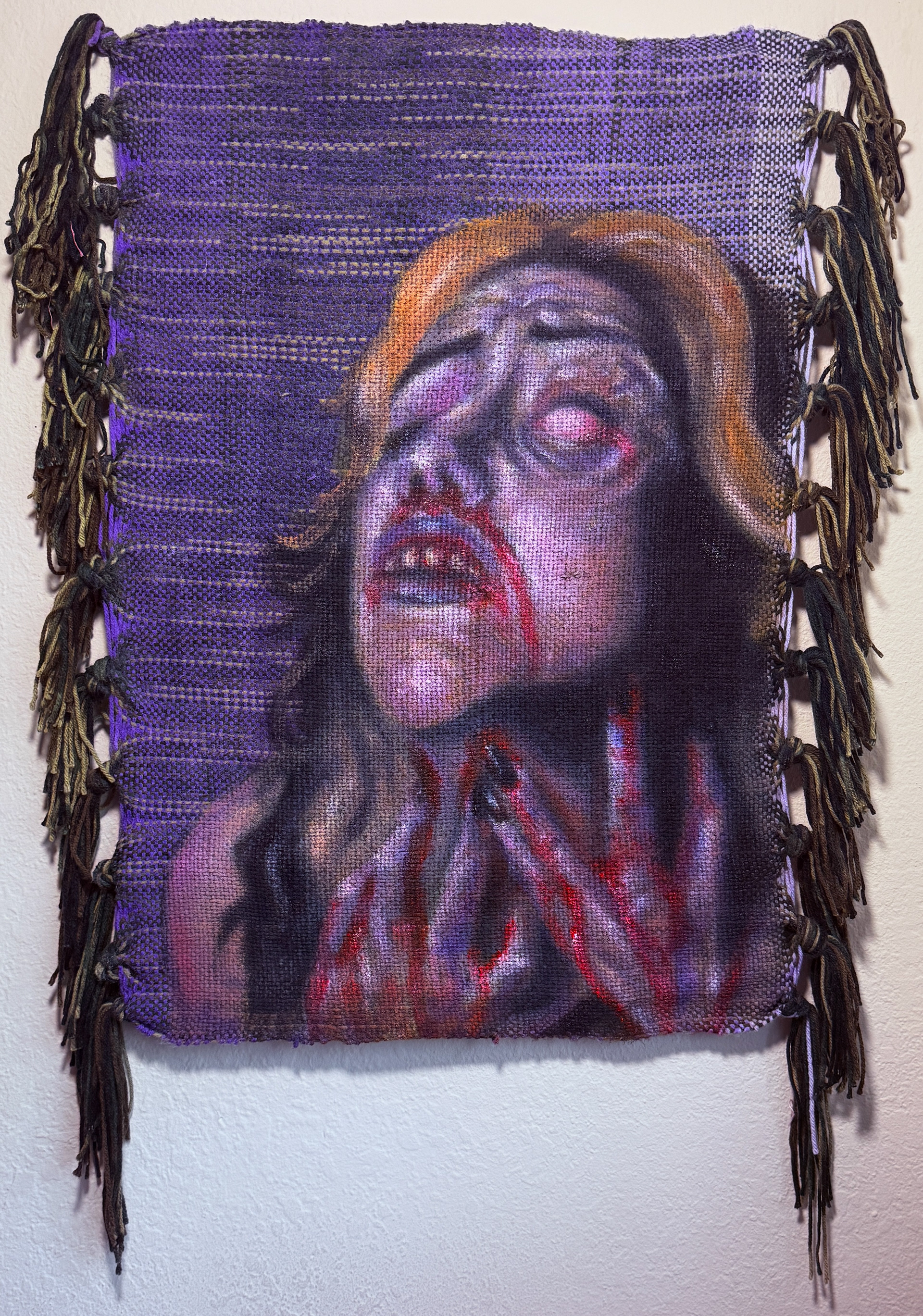 Suffocating Encounters (2026) 15x21” Oil on Woven Tapestry