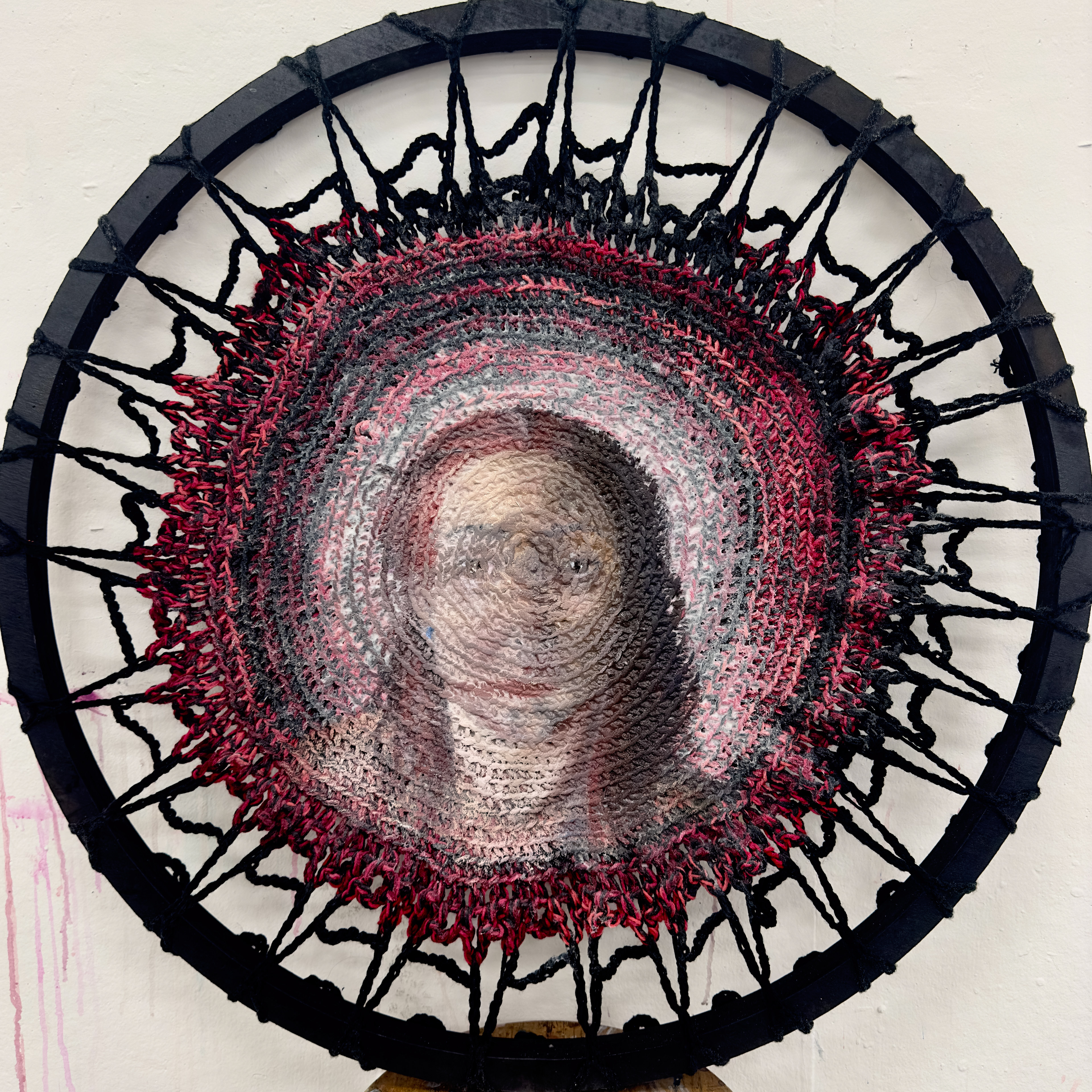 dEPERSONALIZATION (2025) 36" oil paint on stretched yarn (crocheted) 3/5