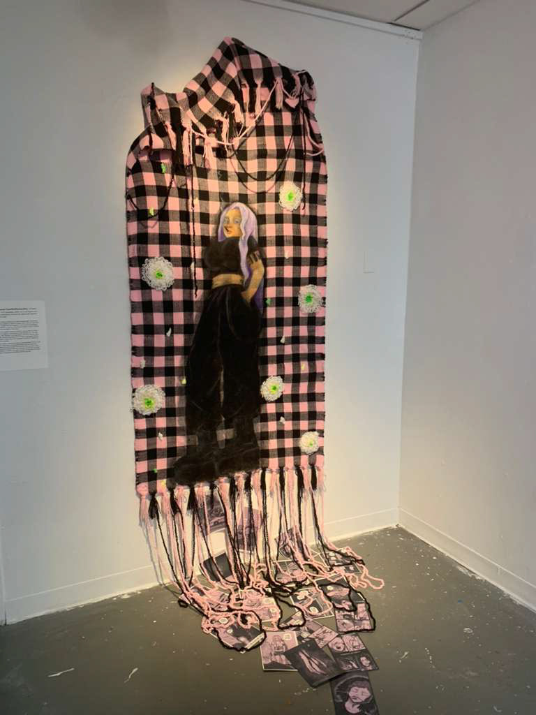 A Flower's Requiem Installation (2025) Oil on hand woven yarn, hand embroidered yarn, crocheted chains, and digital media printed on construction paper