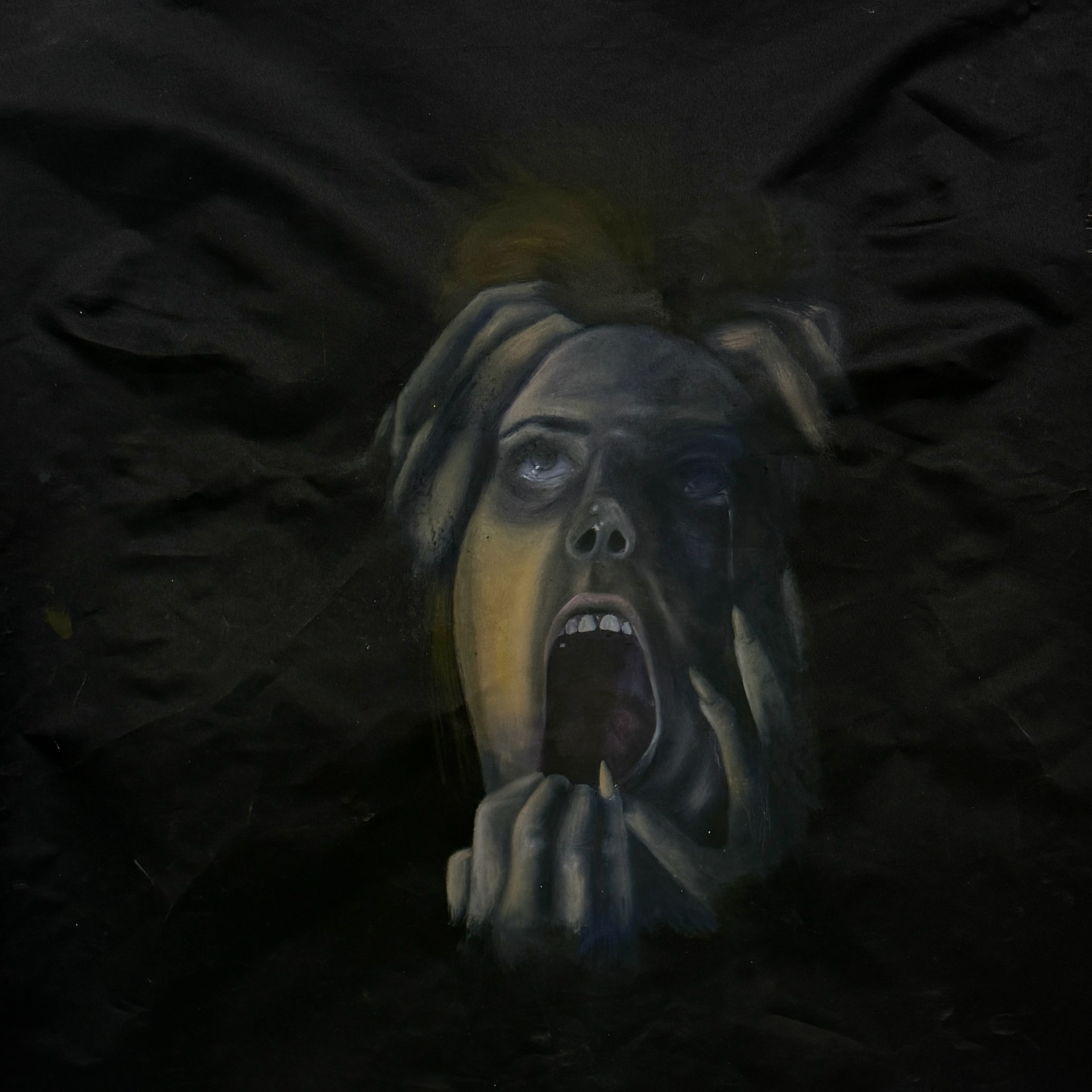 Suffering (2025) 32x32" oil on curtain fabric