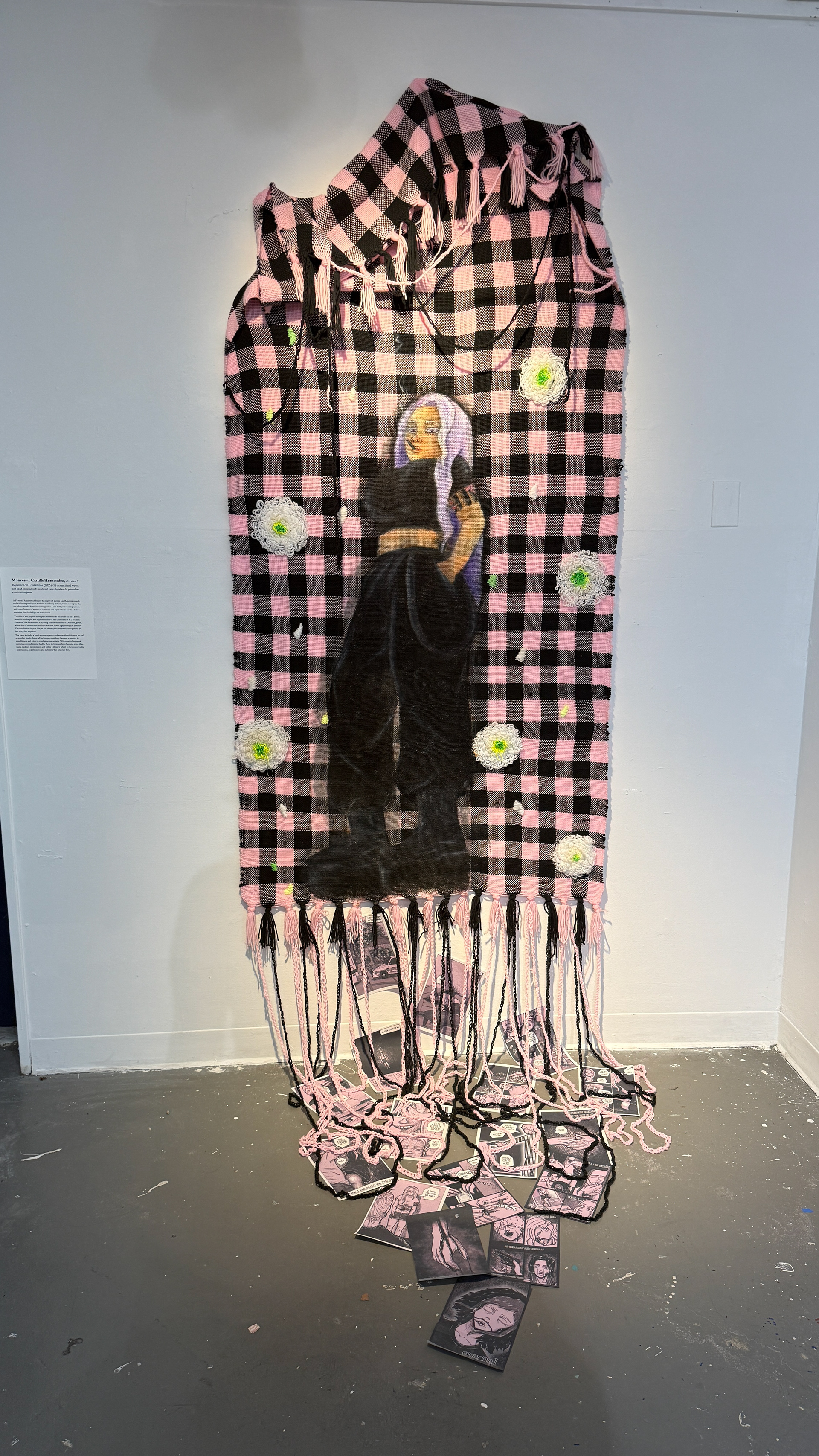 A Flower's Requiem Installation (2025) Oil on hand woven yarn, hand embroidered yarn, crocheted chains, and digital media printed on construction paper