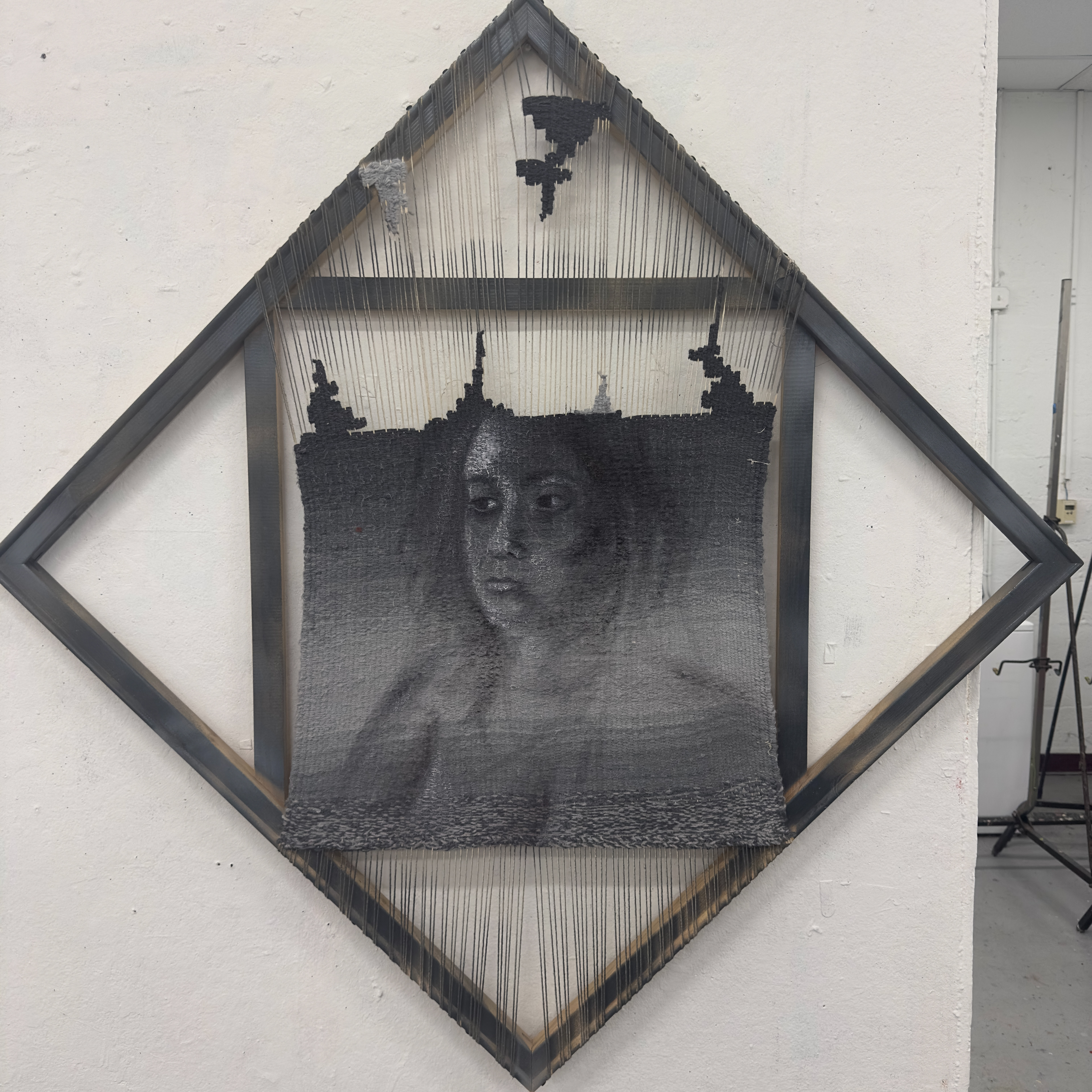 bRAINFOG (2025) 30x30" oil on woven yarn, spray paint, and wooden stretcher bars 5/5