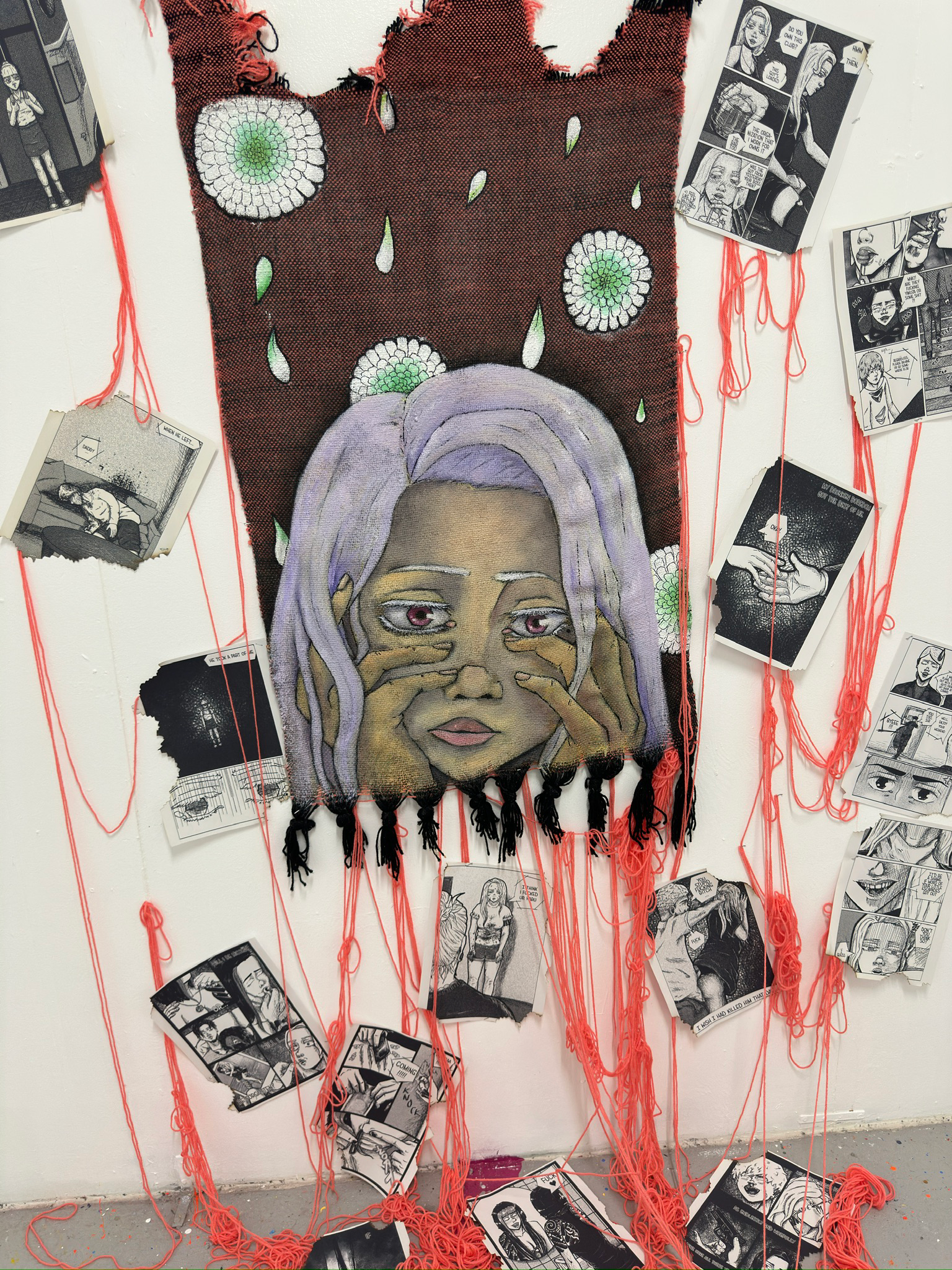 Mia's Story (2025) Oil, acrylic and Posca markers on hand woven tapestry; yarn and digital media printed on construction paper