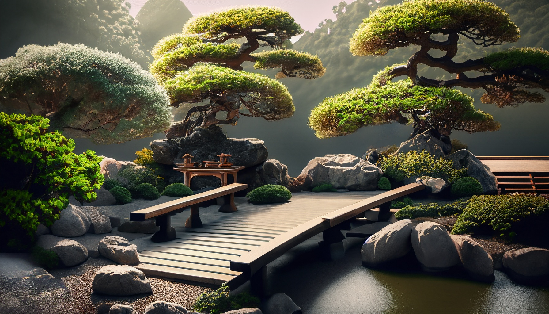 Zen Garden with Bonsai and Bridge