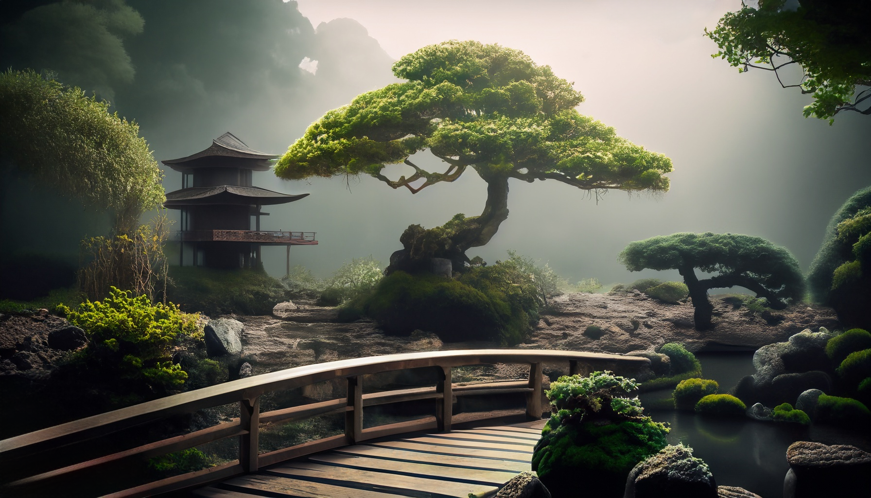 Zen Garden with Bonsai, Bridge and Pagoda
