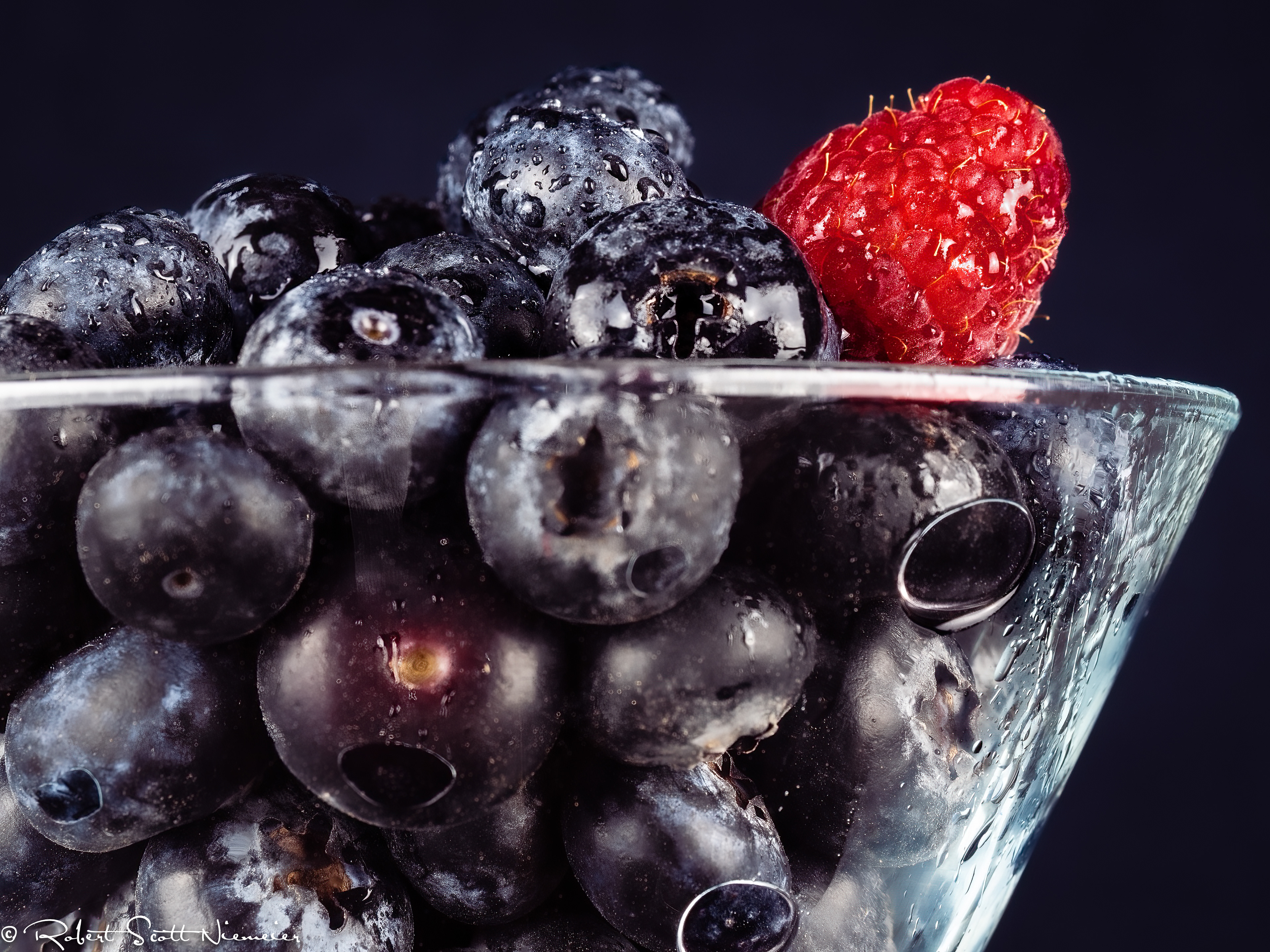 Blueberries and a Raspberry