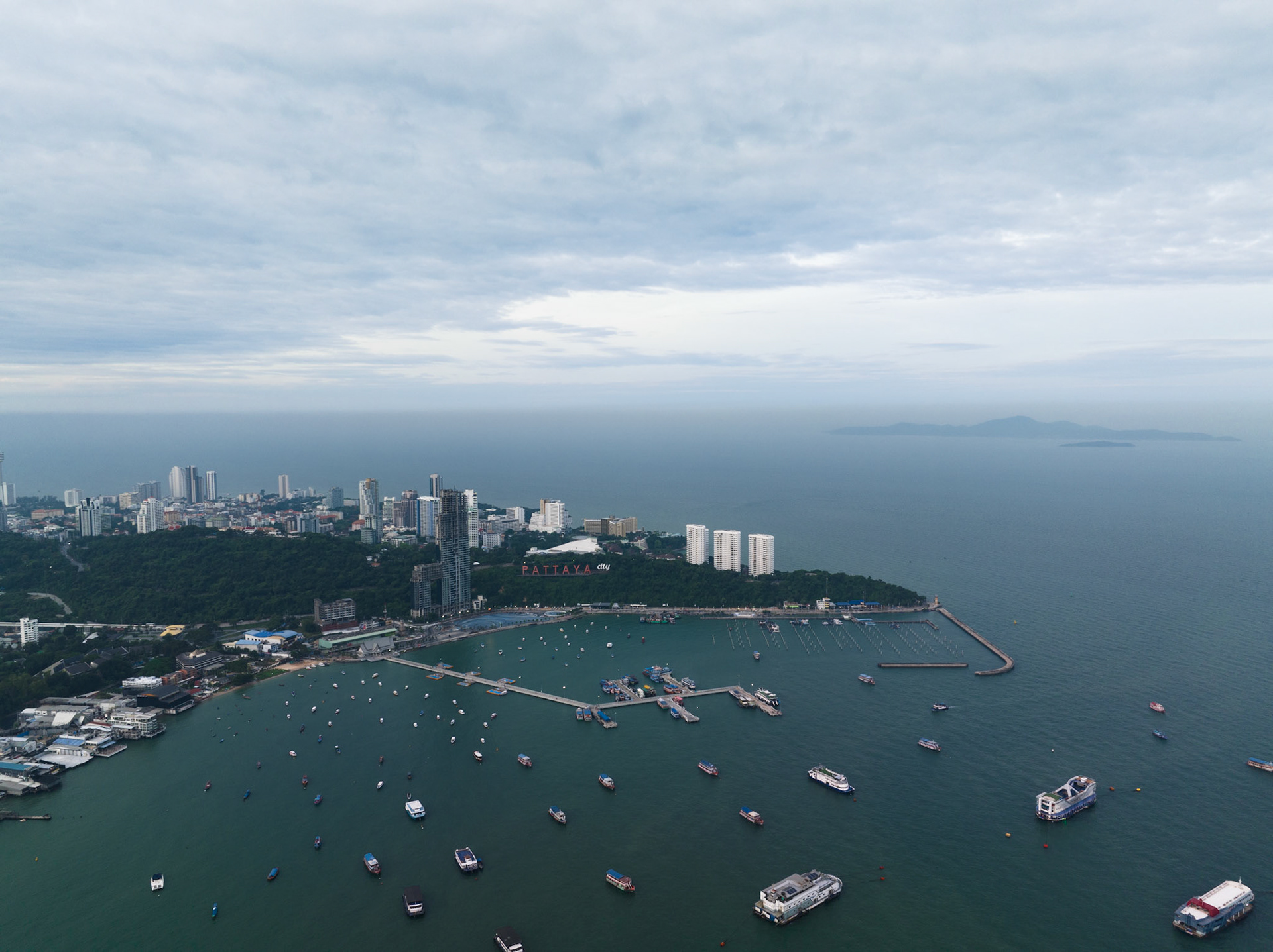 Aerial view of Pattaya Marian and island at sunrise, Chonburi, Thailand