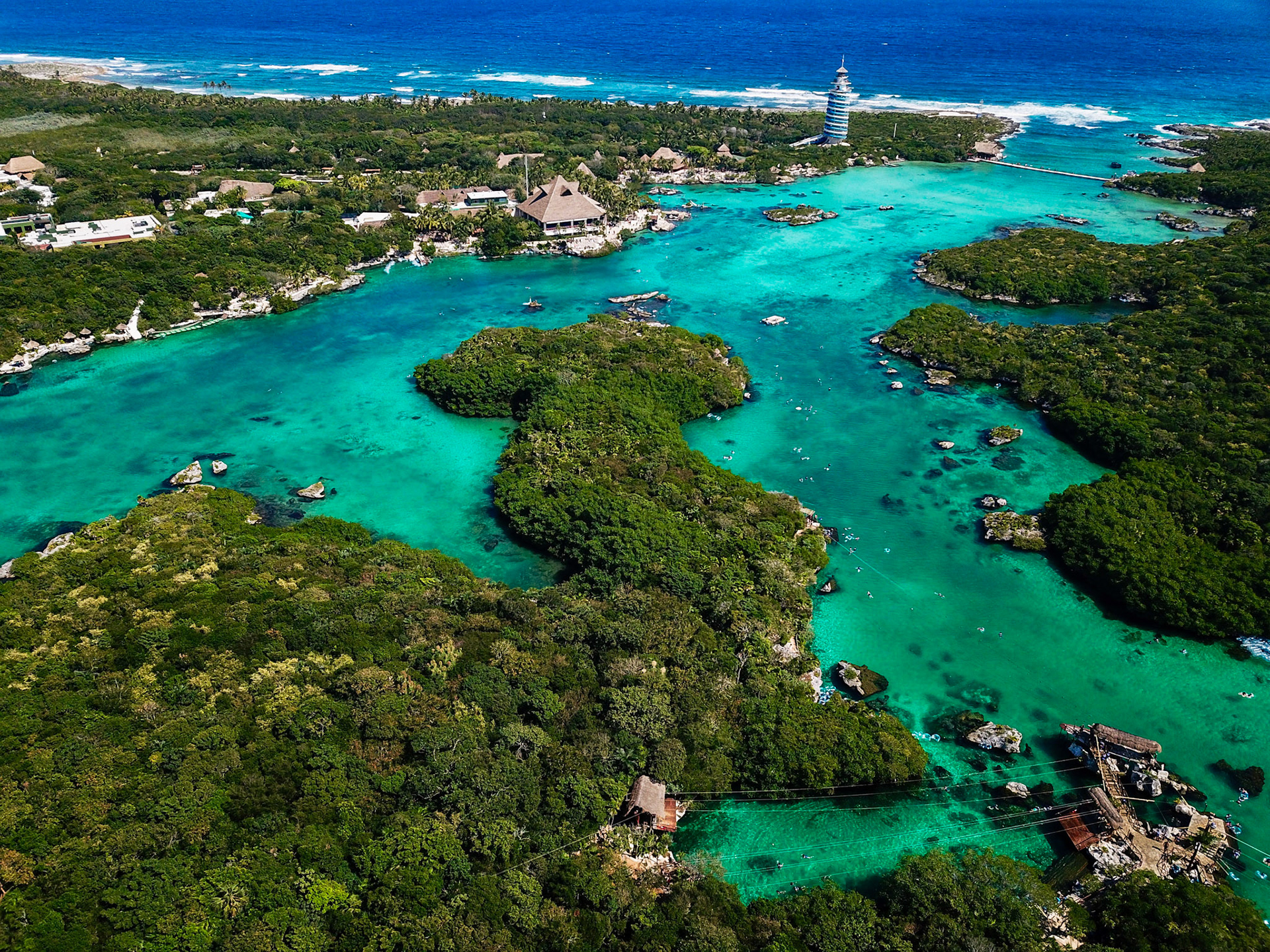 Aerial view of Xel Ha, the last part of one of the longest cave sistems in the world, all of the water surface used to be covered by the cave too.