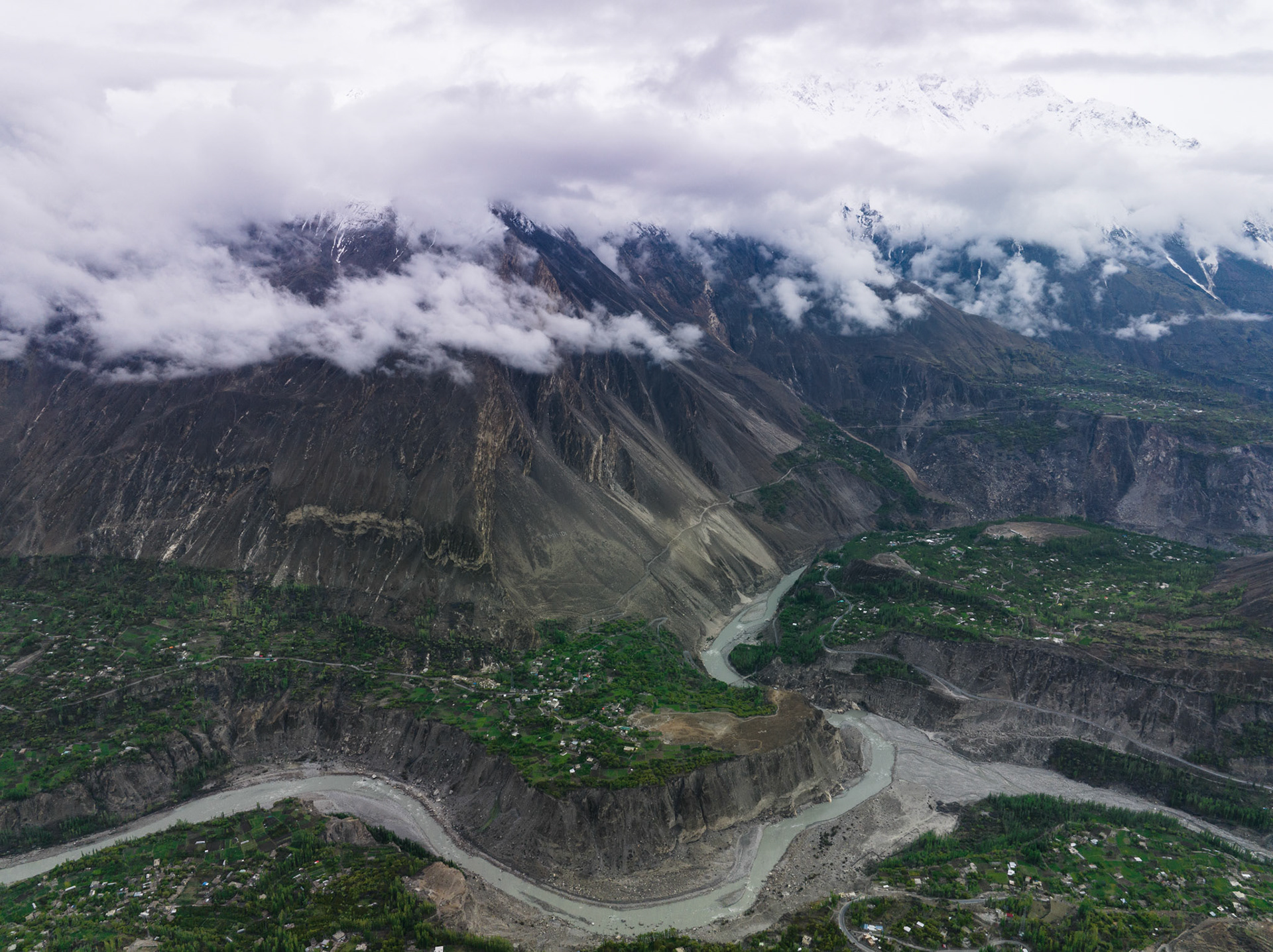 Aerial view of Hunza Valley in the Himalayas of notthern Paskistan