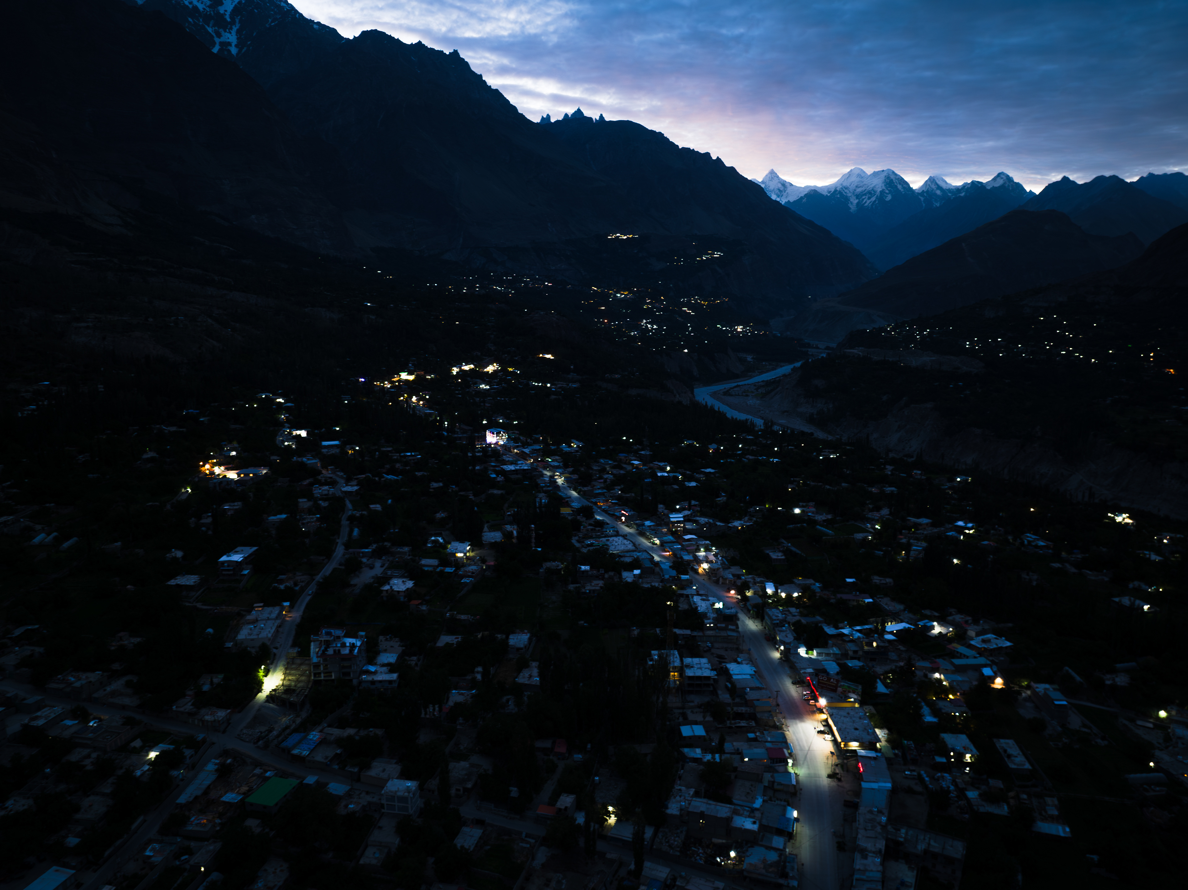 Aerial view of Hunza Valley just before sunrise