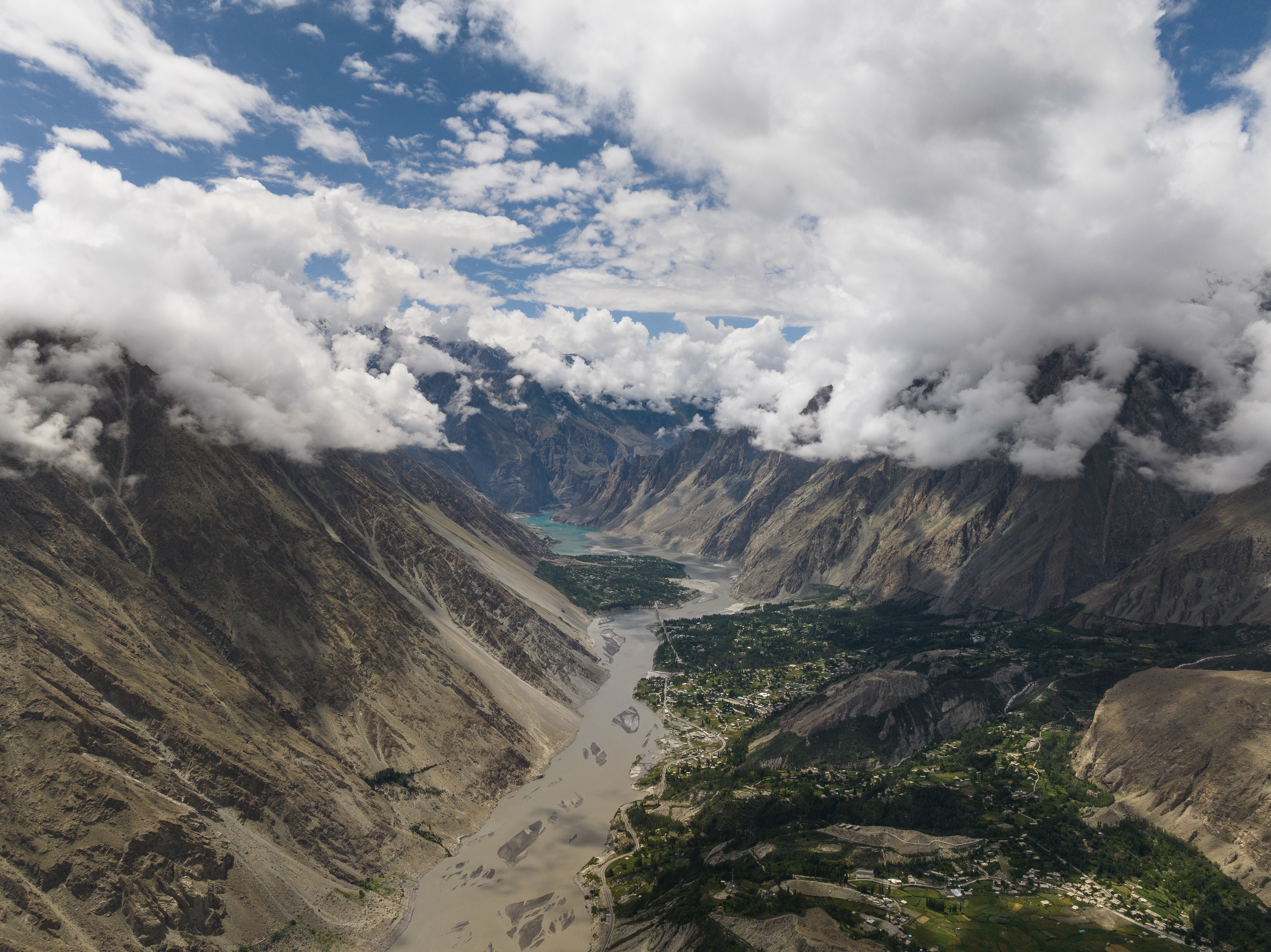Aerial view of Gojal Valley, Attabad lake is visible in the back, also Shishkat, Gulmit and Husaini, Hunza District, Pakistan