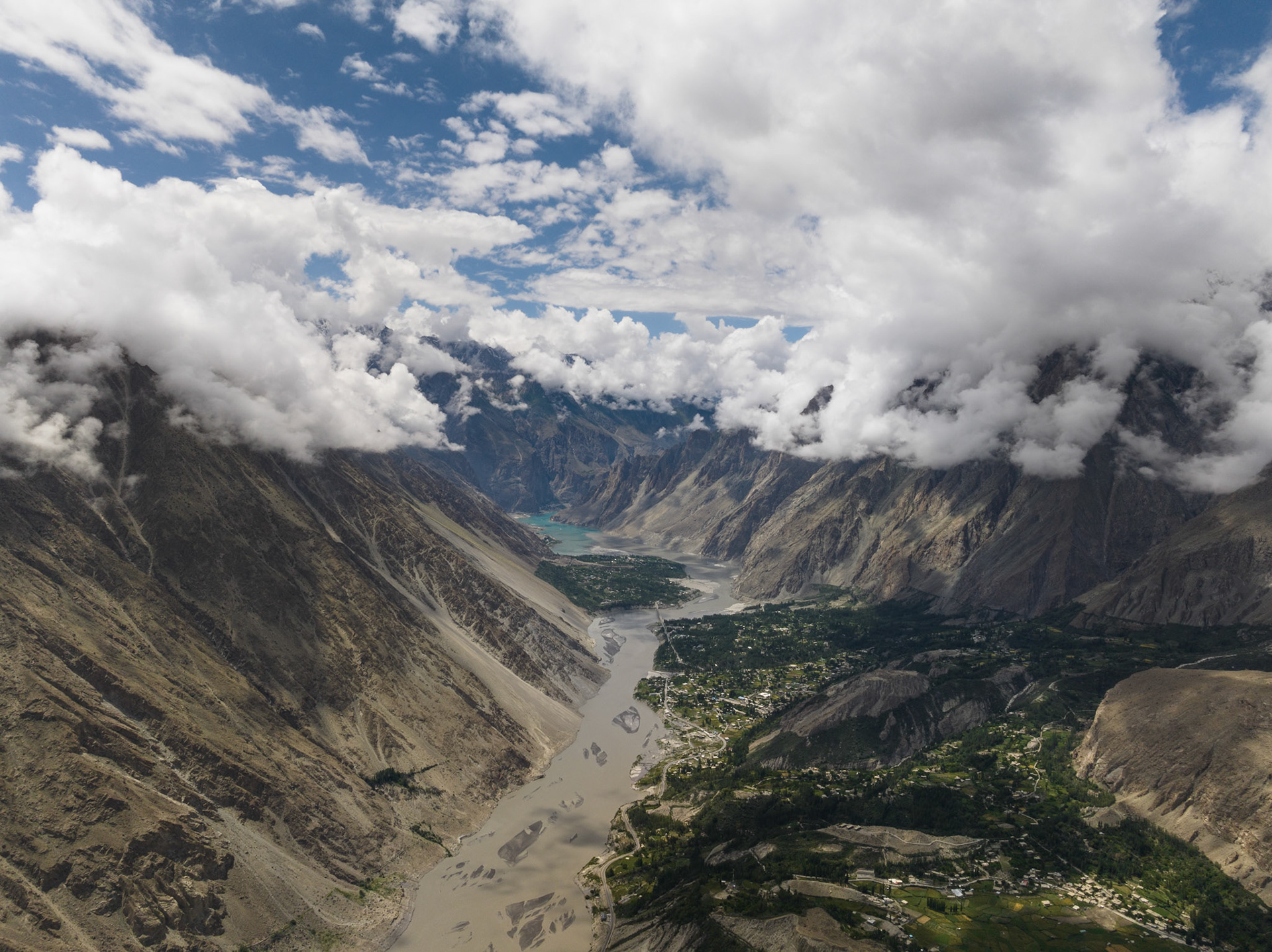 Aerial view of Gojal Valley and Attabad Lake, Himalayas, Gilgit Baltistan, Pakistan