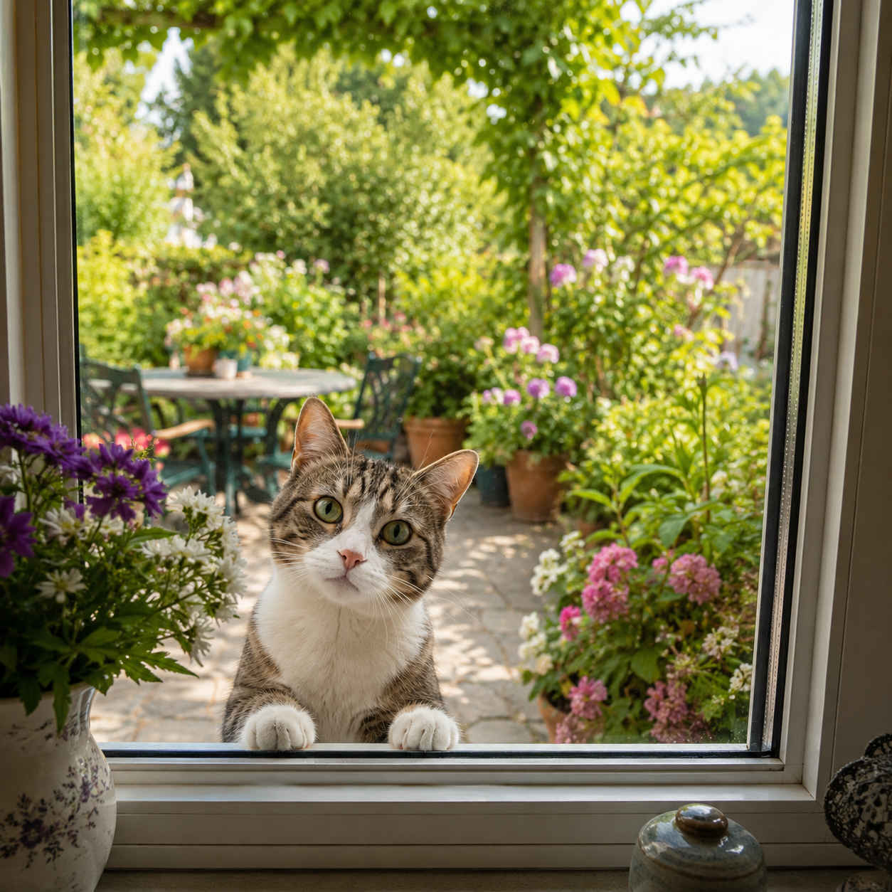 eine katze schaut neugierig durch ein Fenster in einem einfamilienhaus, im Hintergrund eine grüne terasse mit blumen
