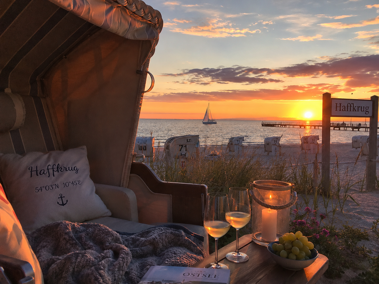 ein gemütlicher abend in einem strandkorb an der ostsee in haffkrug mit sonnenuntergang und schiff segel auf dem meer