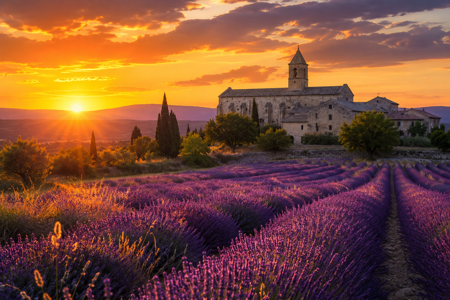 ein Sonnenuntergang in der Provence, eine Abtei im Hintergrund, im Vordergrund ein Lavendelfeld