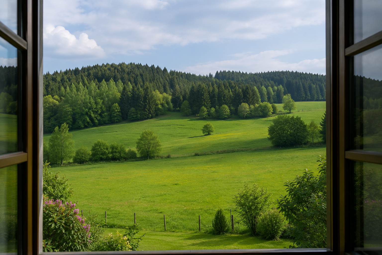 EIN BLICK AUS DEM FENSTER MAN SIEHT SAFTIGE WIESEN UND IM HINTEGRUND BÄUME EIN LEICHTER BERGIGER ANSTIEG IM SAUERLAND