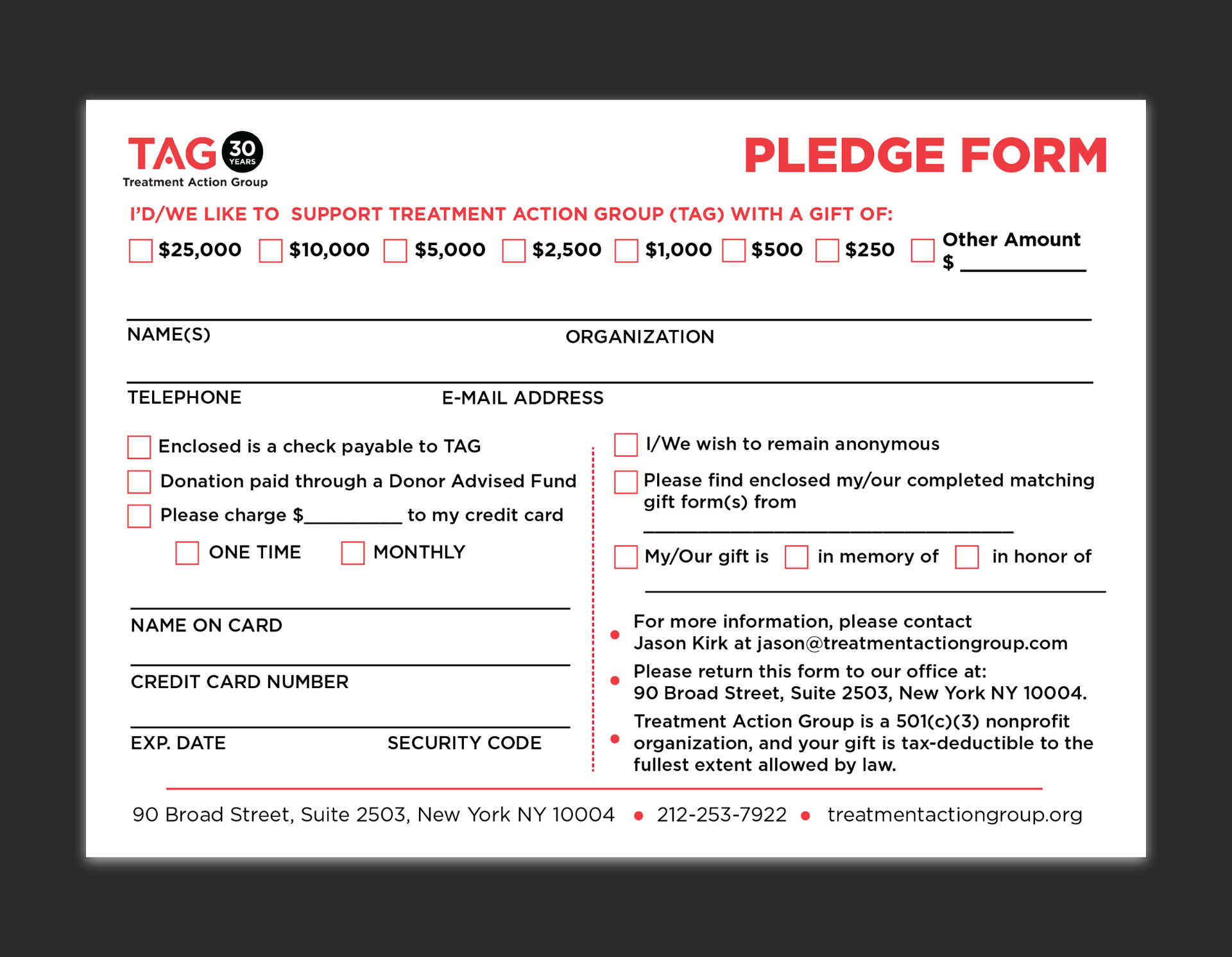 Pledge form for potential sponsors | 8.5" x 5.25" | Printed on cardstock