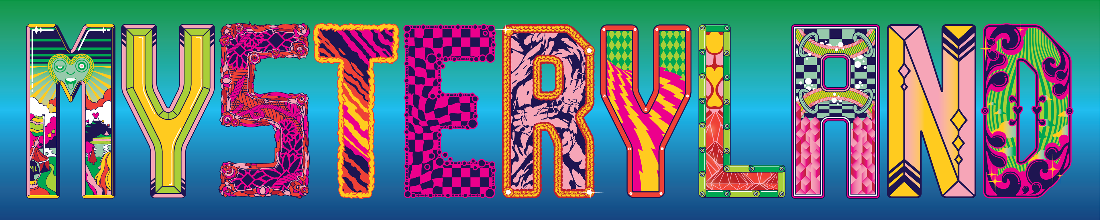 Colorful, psychedelic "MYSTERYLAND" text with intricate patterns and illustrations on each letter.