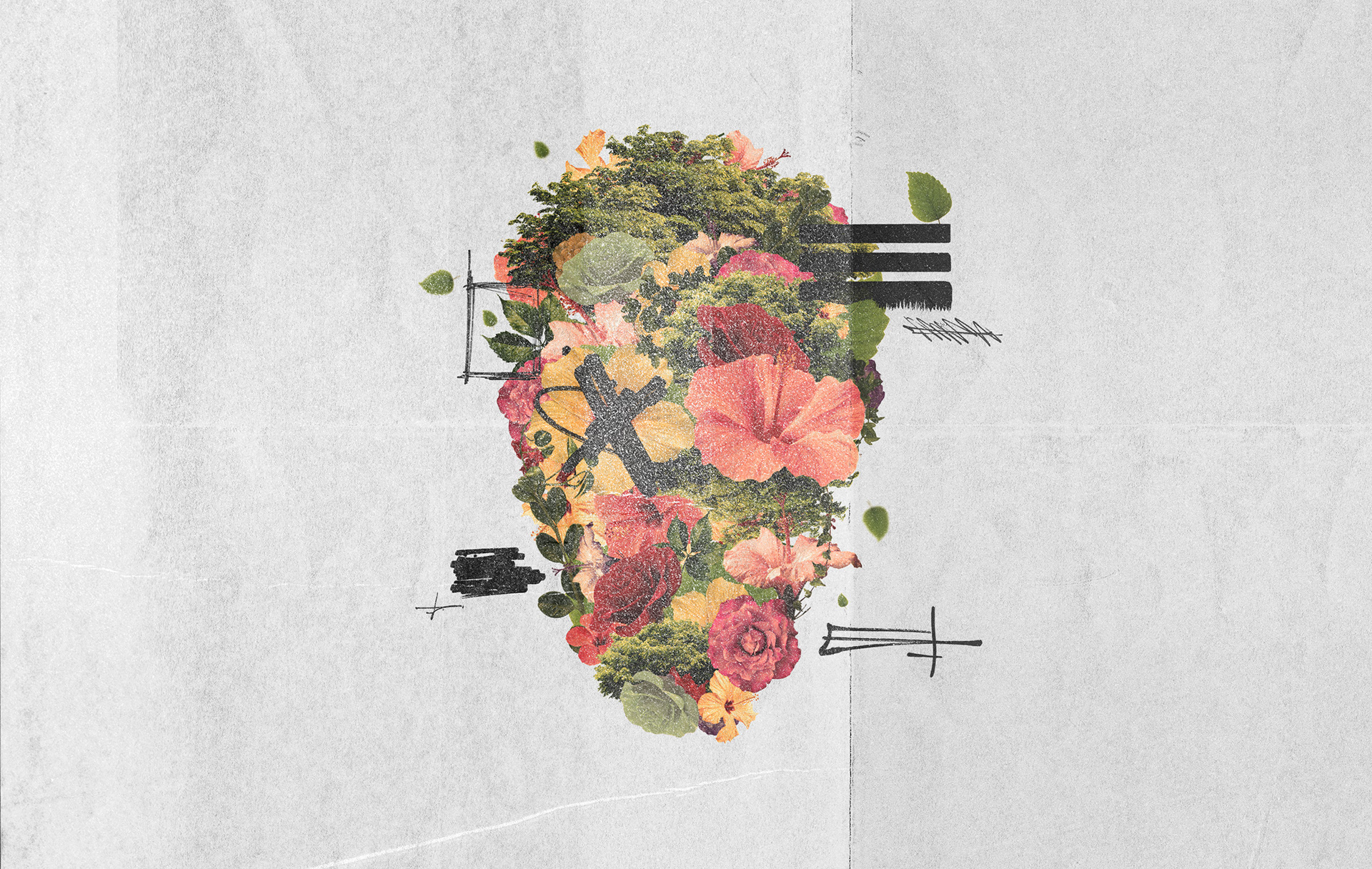 Abstract colorful design with flowers and abstract doodles on textured paper.