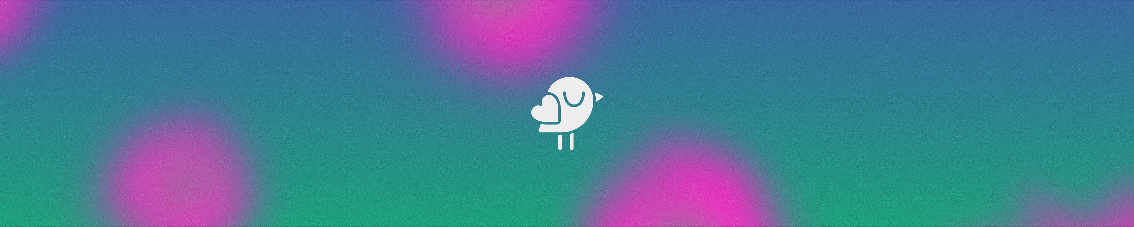 Abstract gradient background with pink spots and a minimalist bird icon centered.