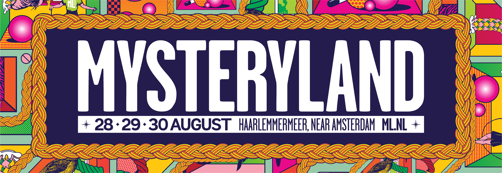 Colorful poster for "Mysteryland" music festival, Haarlemmermeer, near Amsterdam, dated August 28-30 2020. 