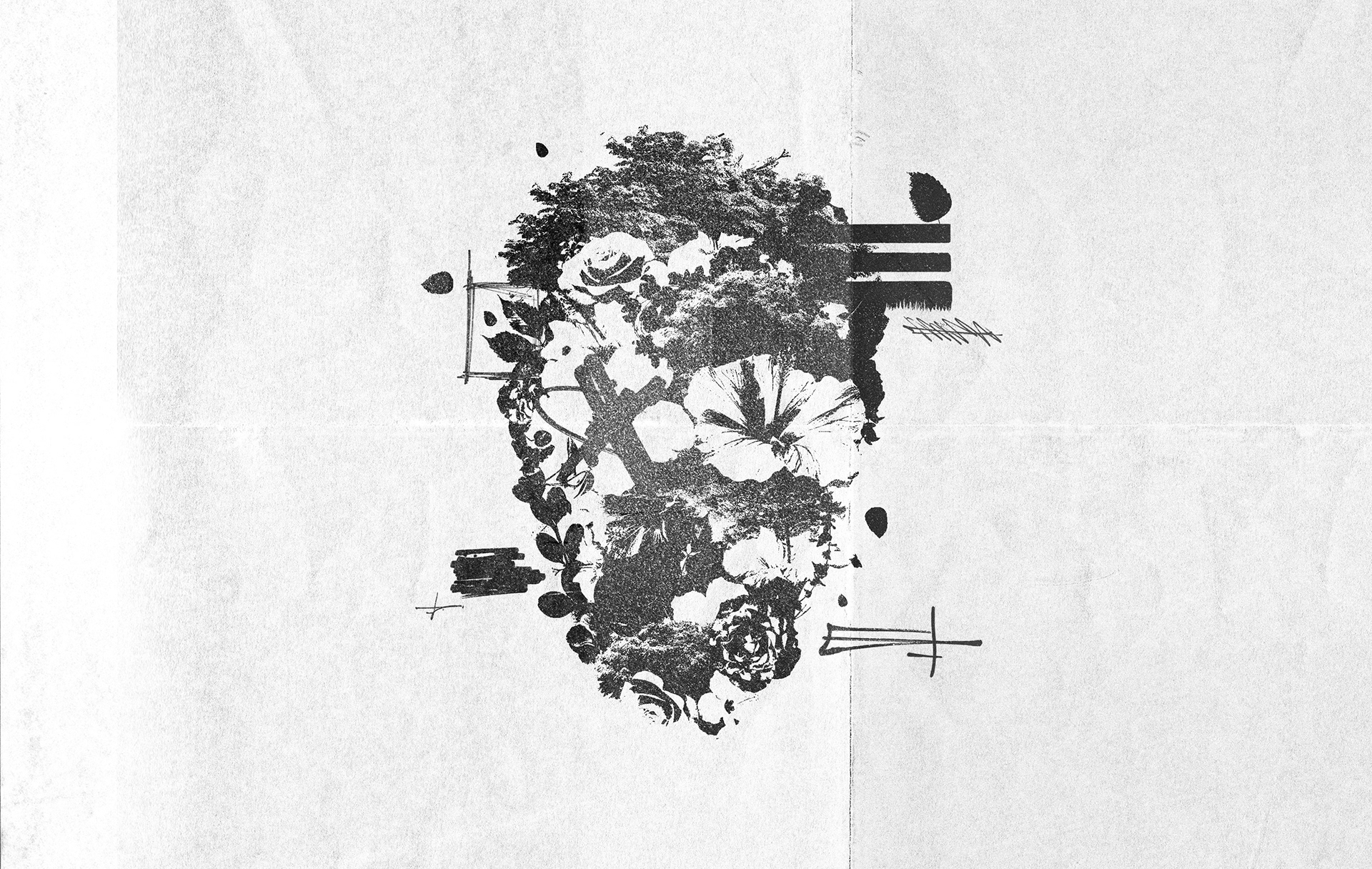 Abstract black and white design with flowers and abstract doodles on textured paper.