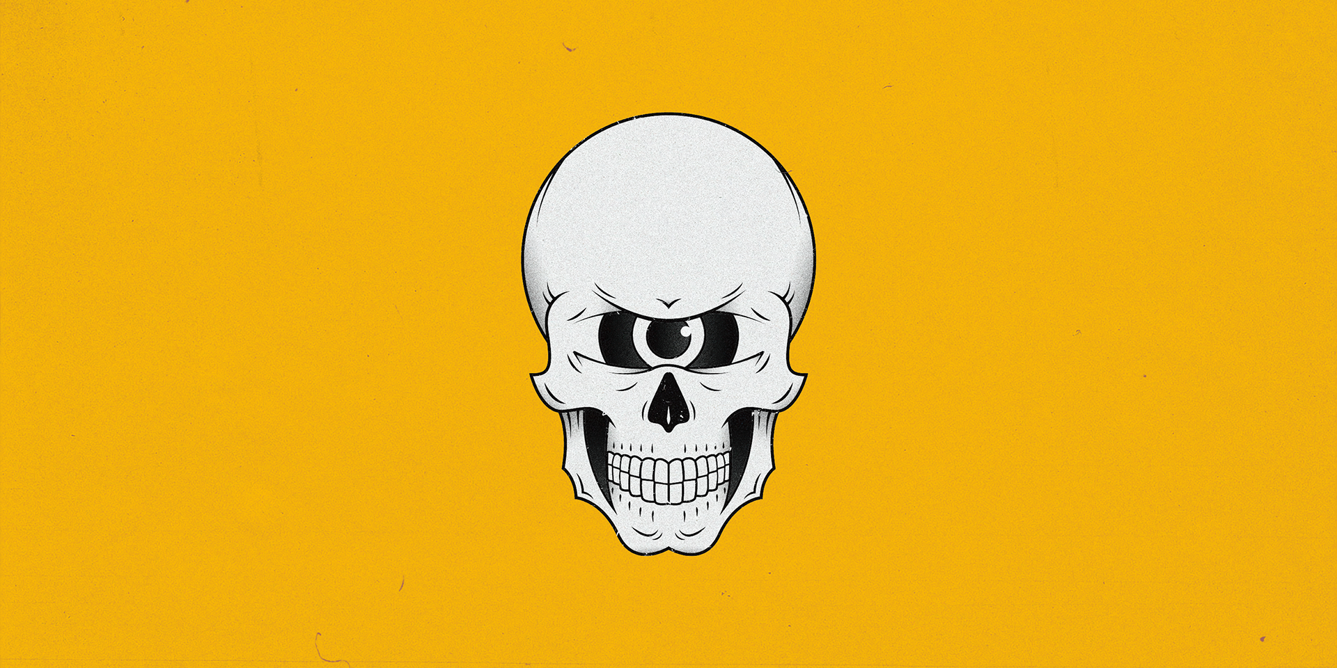 Illustration of a stylized skull with one eye on a yellow background.