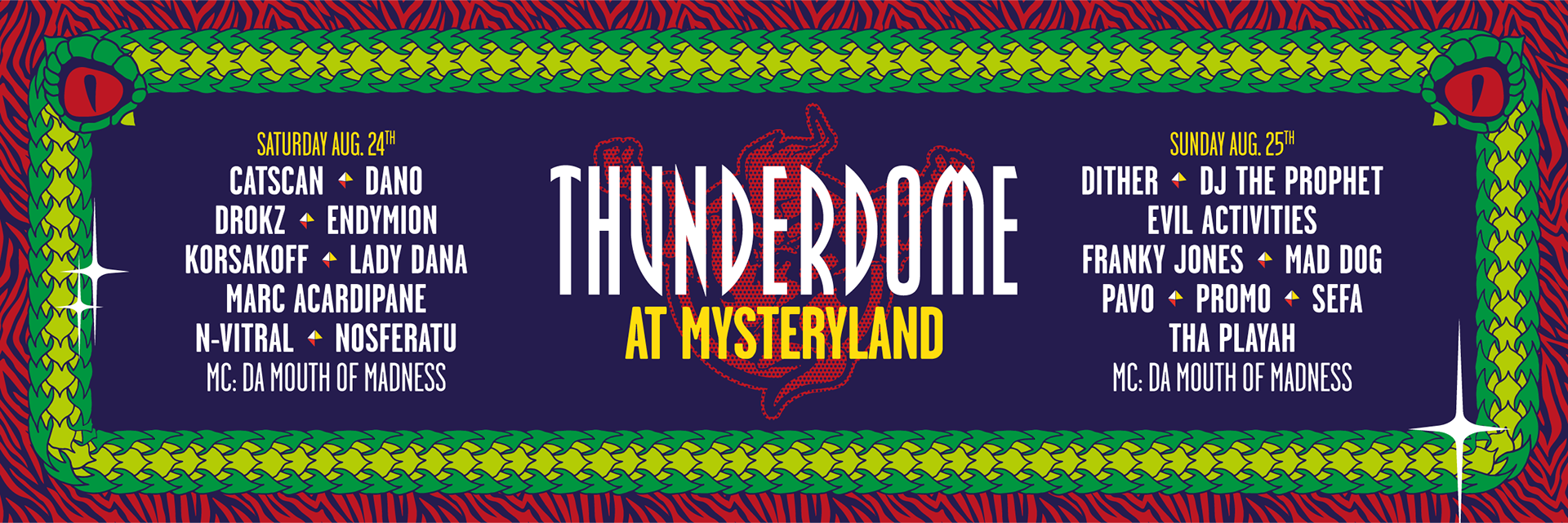 Colorful event banner for THUNDERDOME at MYSTERYLAND, listing DJ names and dates, with a tribal pattern border.