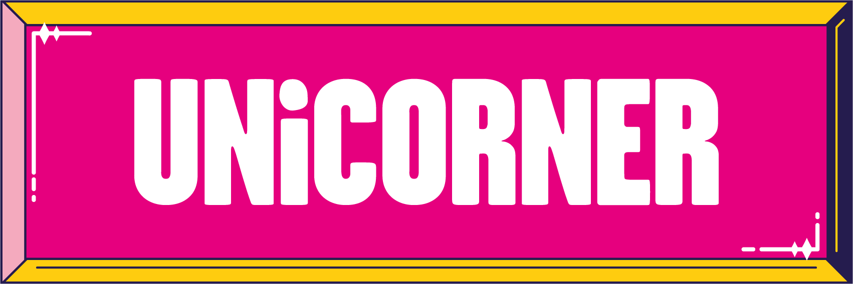 Rectangular typographic logo with "UNiCORNER" text in bold white letters on a pink background inside a yellow border.
