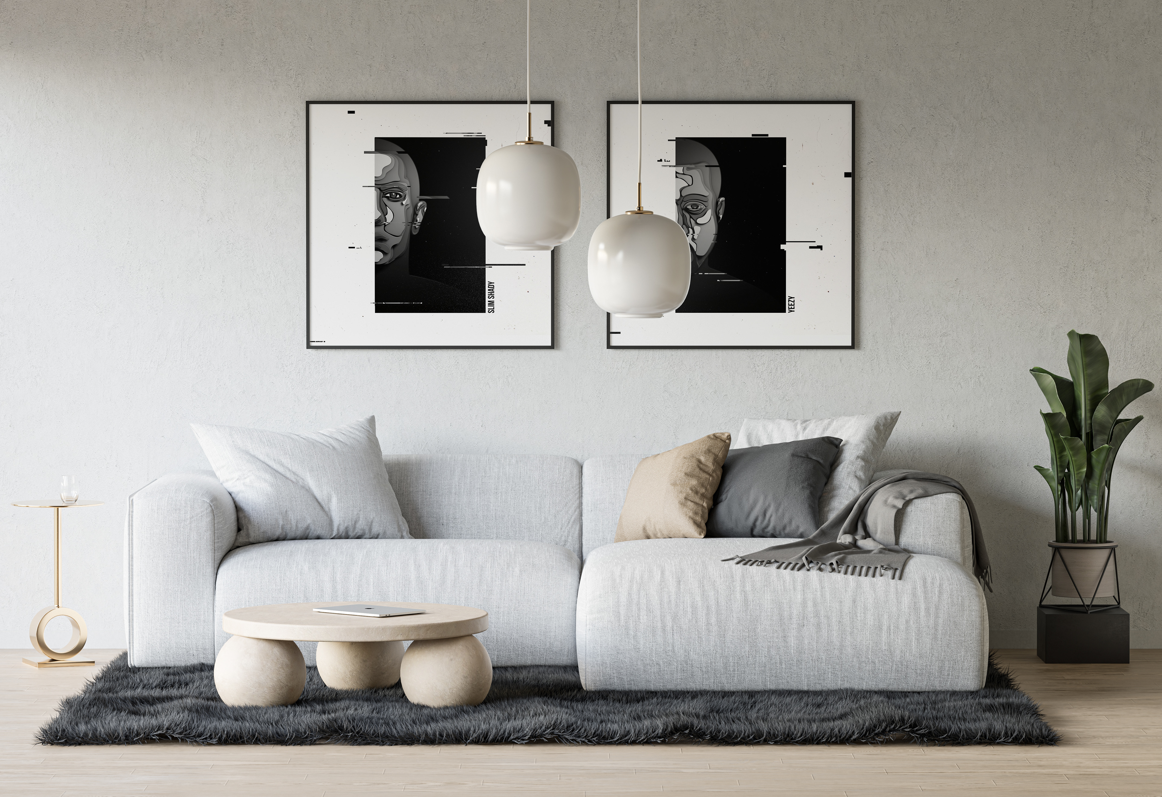 Modern living room with sofa, abstract wall art, pendant lights, and decor.