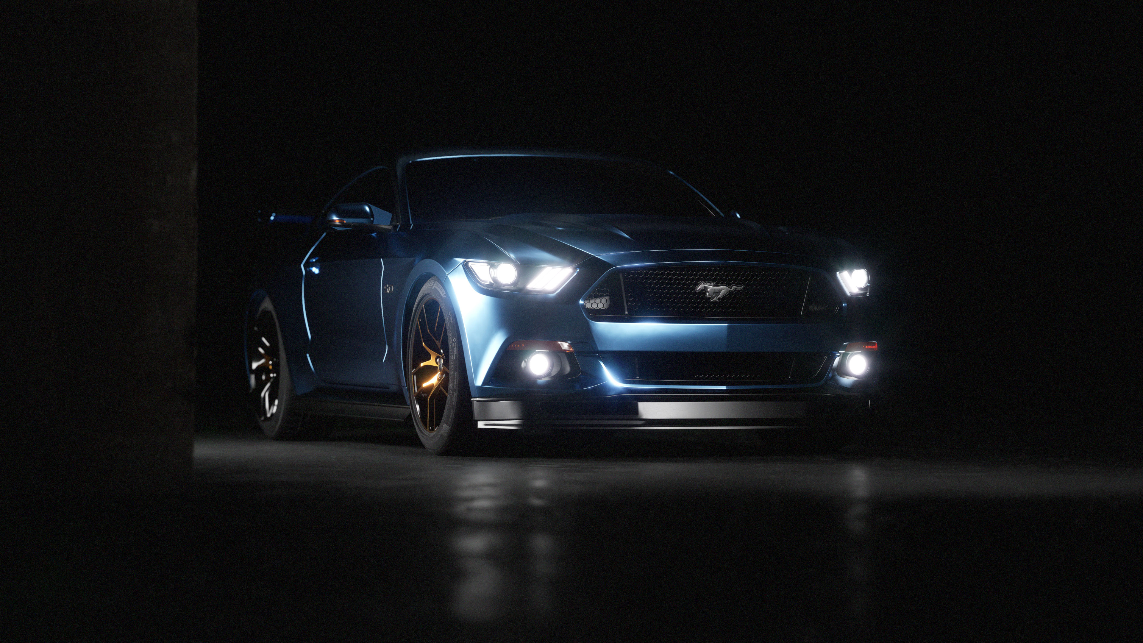 3D visualization of a blue sports car with headlights on in a dark industrial setting.