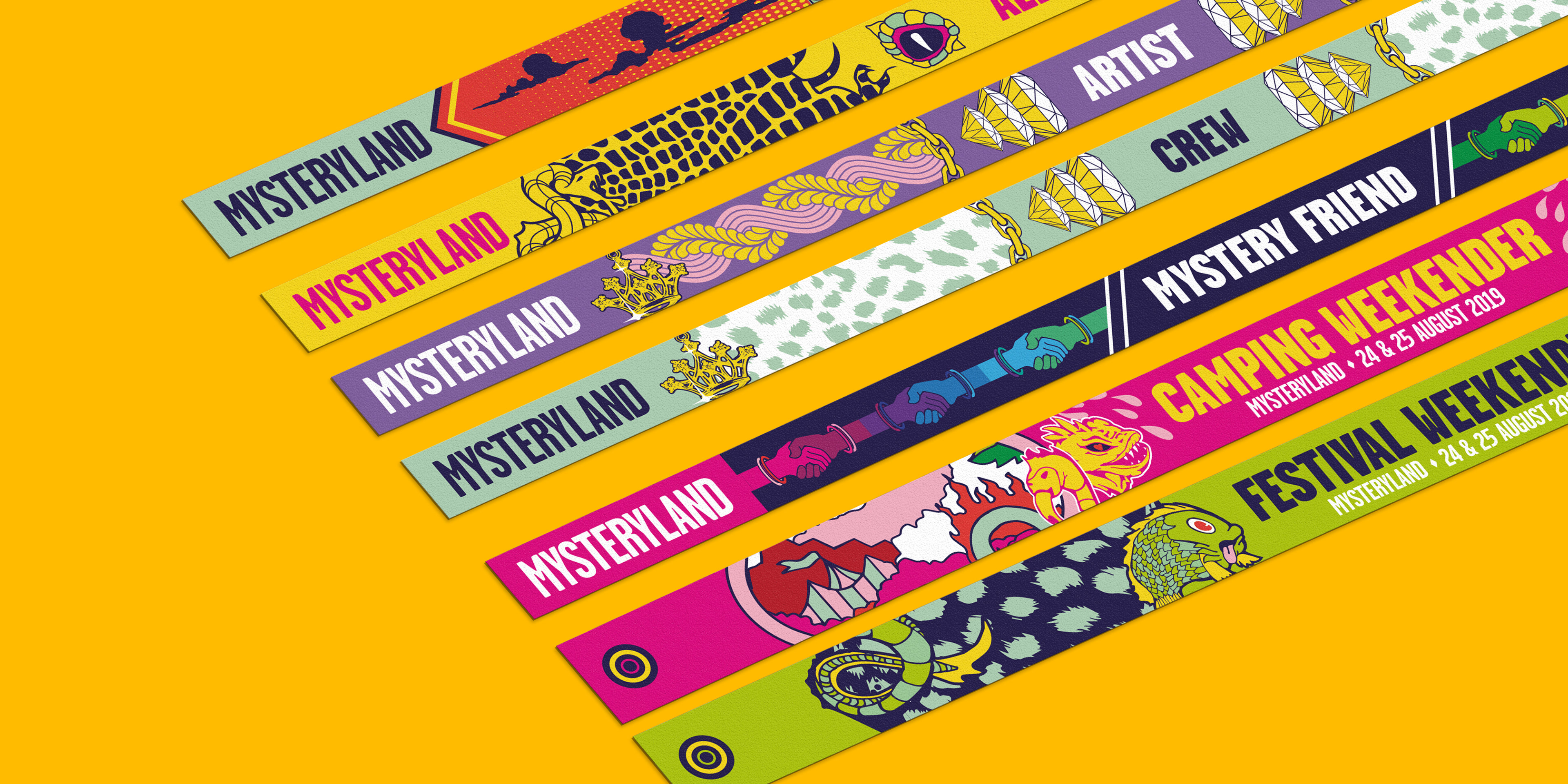 Assorted colorful festival wristbands with various texts and patterns on a yellow background.
