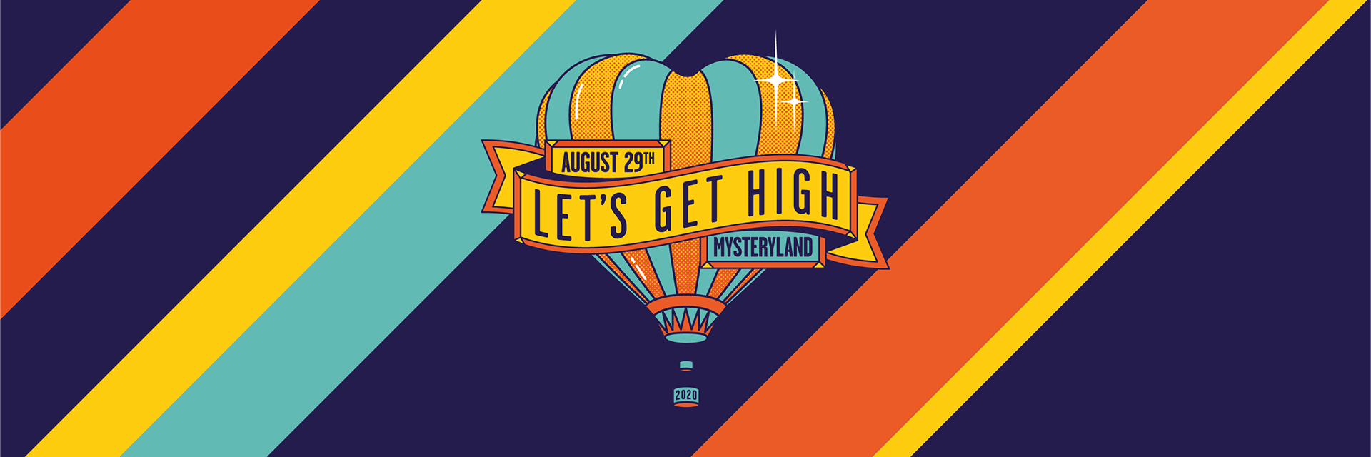 Retro-style poster with a hot air balloon and text "Let's Get High - Mysteryland 2020" against a colorful striped background.