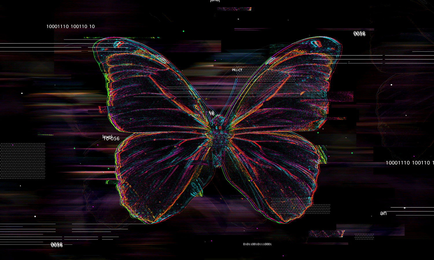 Animated glitch-art style butterfly with colorful contour lines changing colors.