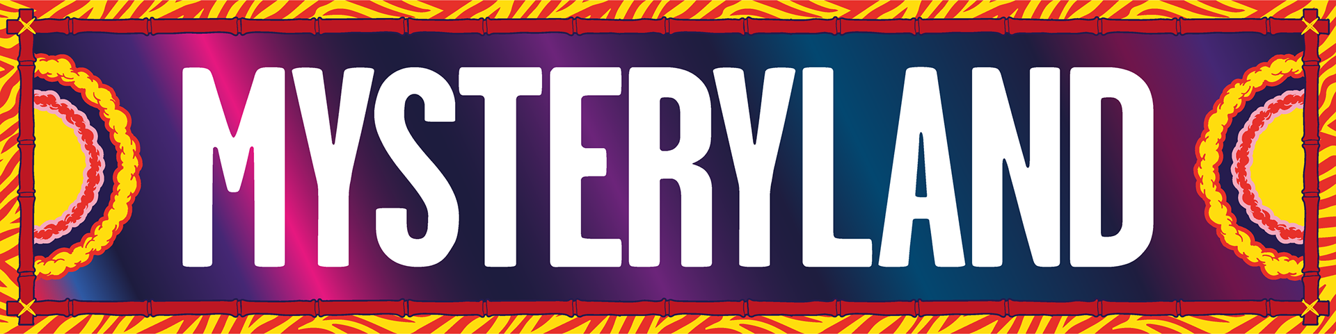 Banner with colorful text "MYSTERYLAND" on a vibrant psychedelic background.