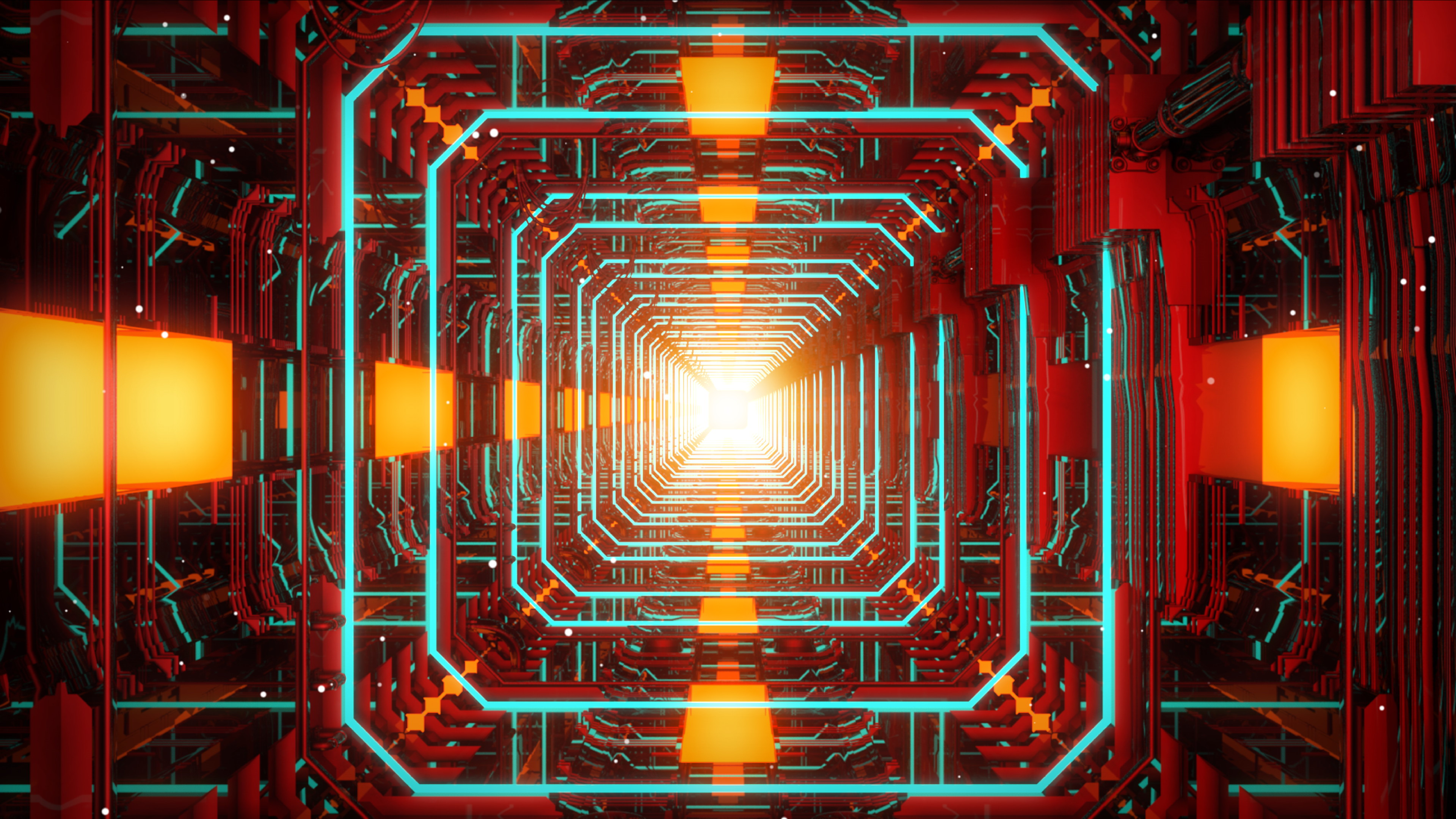 3D render of a futuristic, square tunnel with neon blue and red outlines and intricate patterns.