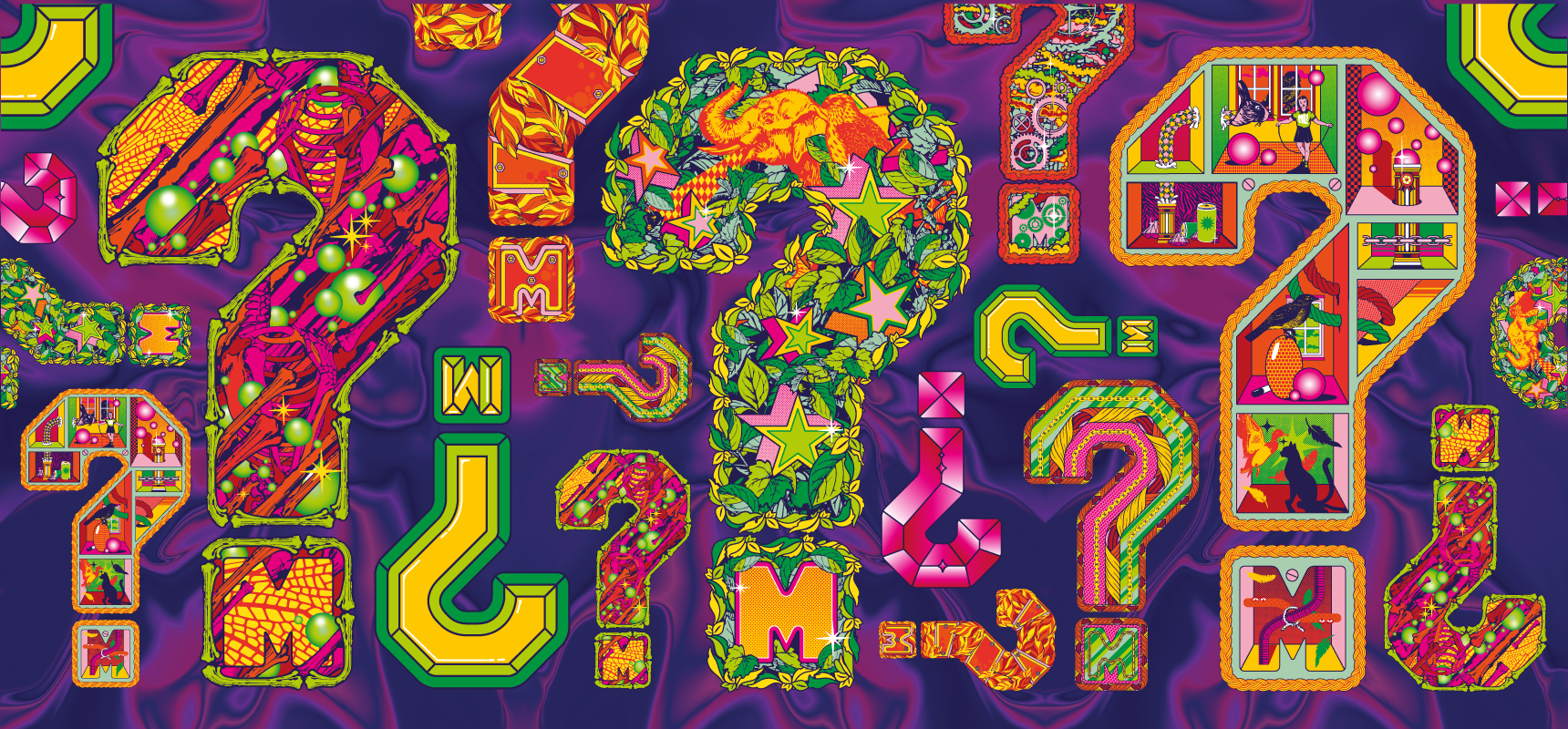 Colorful, psychedelic collage of various question marks with intricate patterns and illustrations on a purple background.
