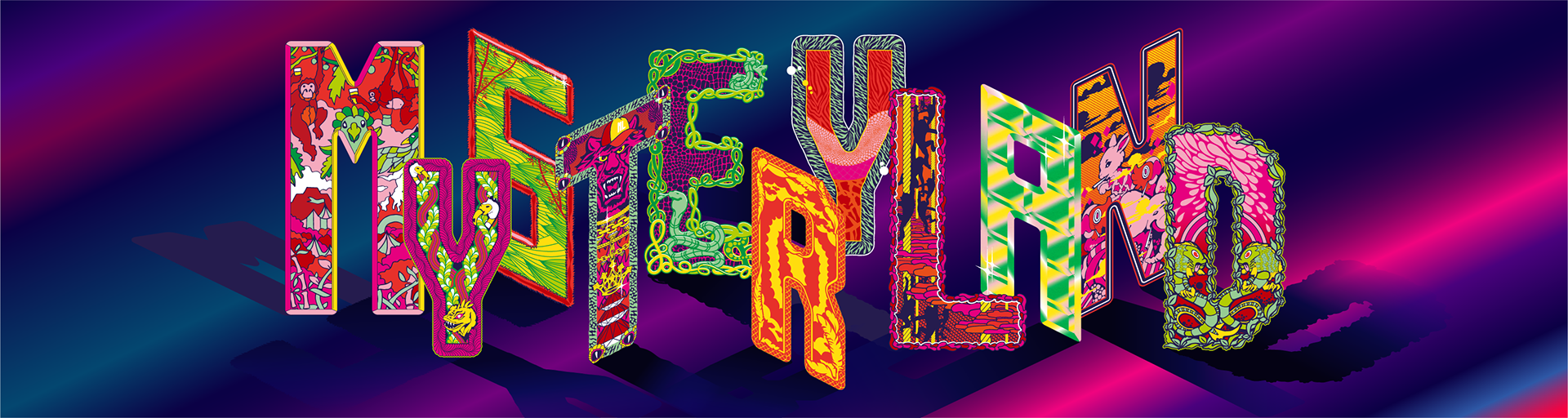 Colorful 3D text "MYSTERYLAND" with intricate illustrations on a purple and blue background.