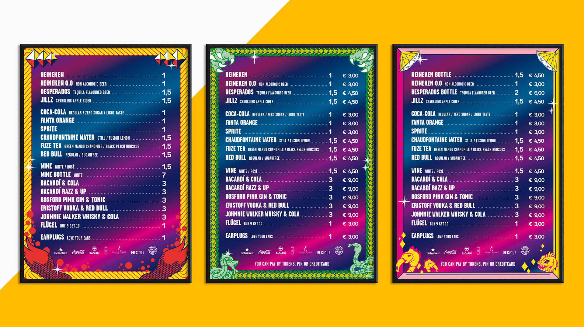 A set of three colorful festival drink menus with prices, displayed side by side.