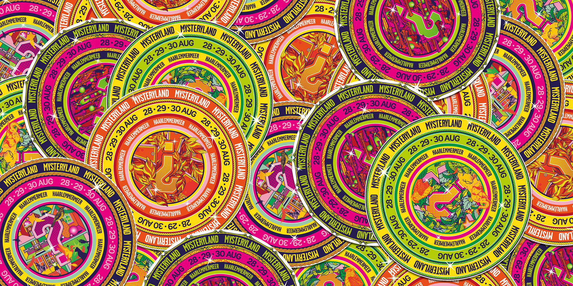 Round colorful overlapping festival stickers with dates and "Mysteryland" text.