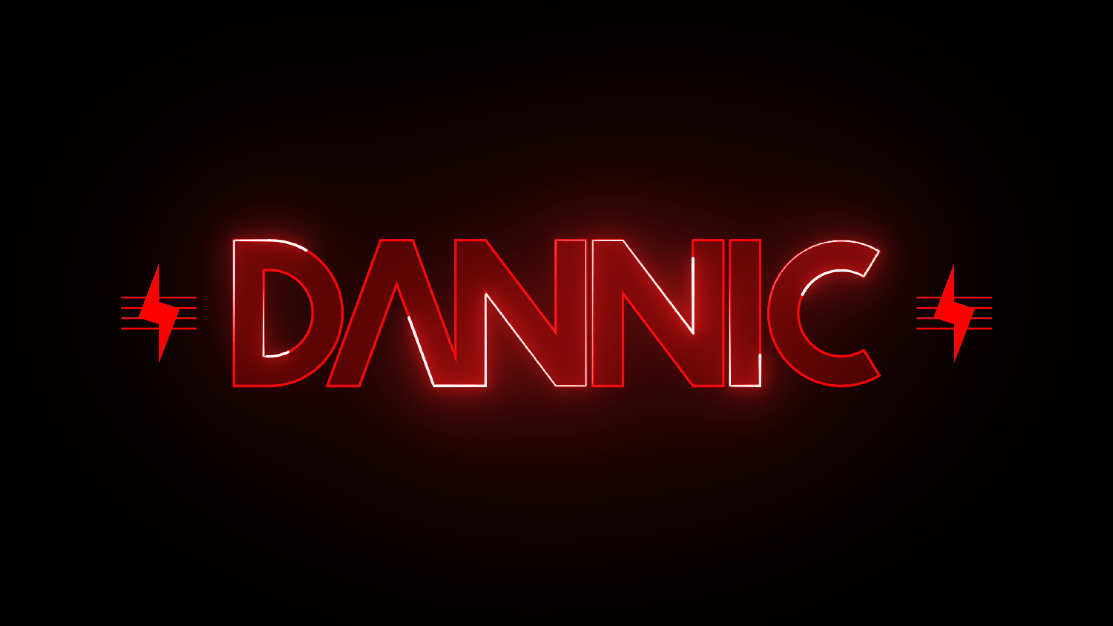 Neon red "DANNIC" text with lightning bolt symbols on a black background.