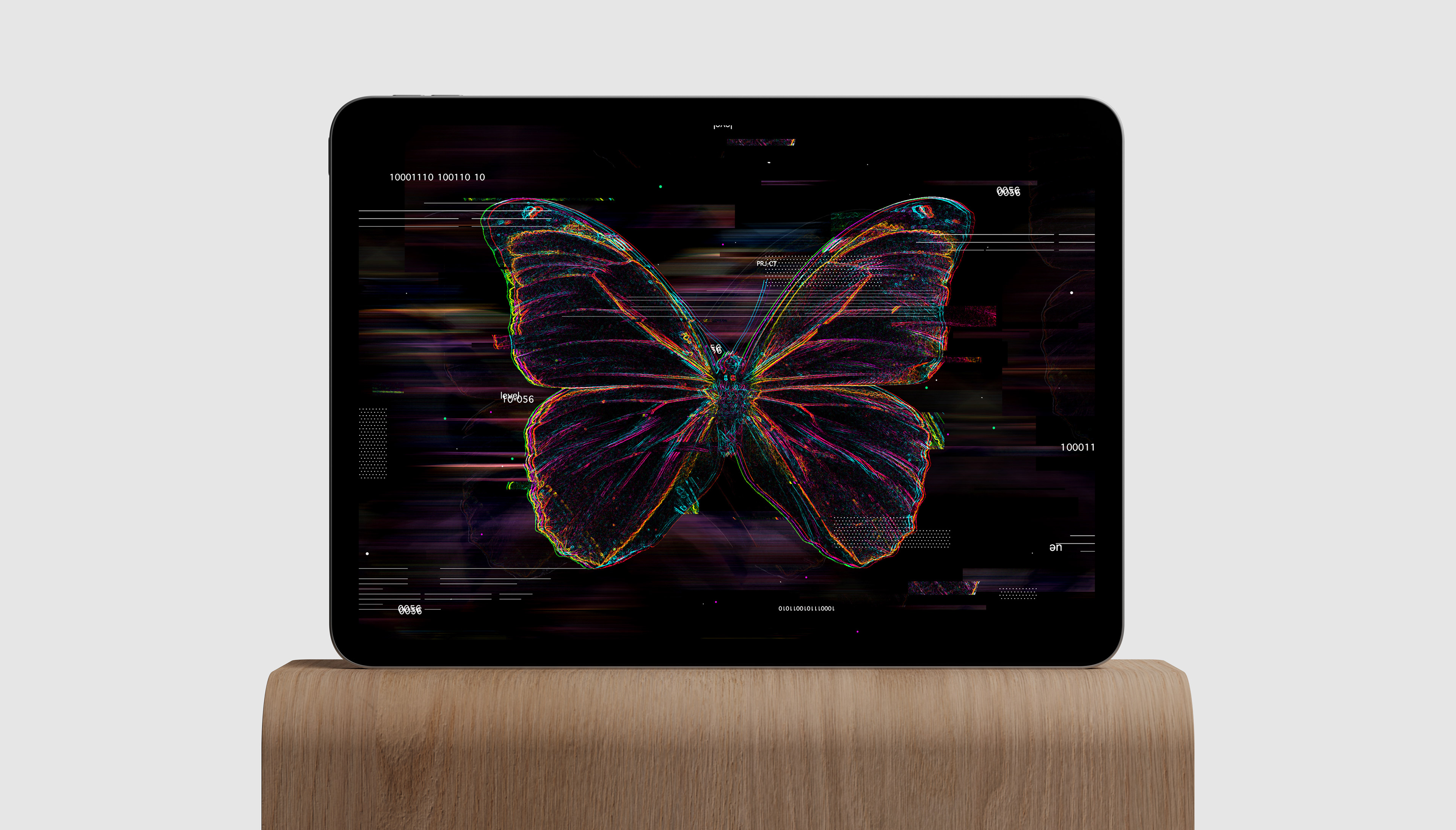 A digital glitch-art style butterfly with colorful contour lines on a tablet screen.