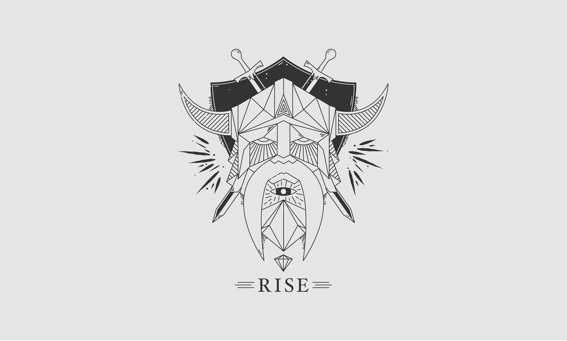 Abstract geometric warrior illustration with crossed swords and the word "RISE" below.